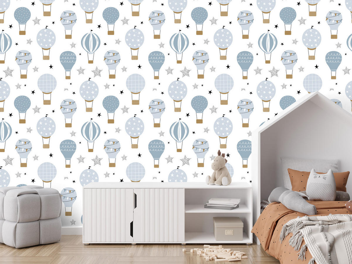 VLIESTAPETE Heißluftballons und Sterne – Hellblau, Beige, Weiß – 50x1000 cm - Beige/Weiß, Papier (50/1000cm) - Muralo