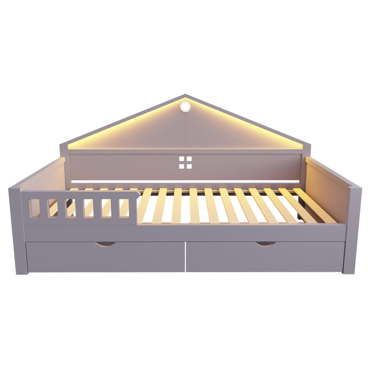 KINDEREINZELBETTEN aus Holz und MDF 90x200 cm in Grau mit LED & 2 Schubladen - Grau, Holz (90/200cm) - Modfu