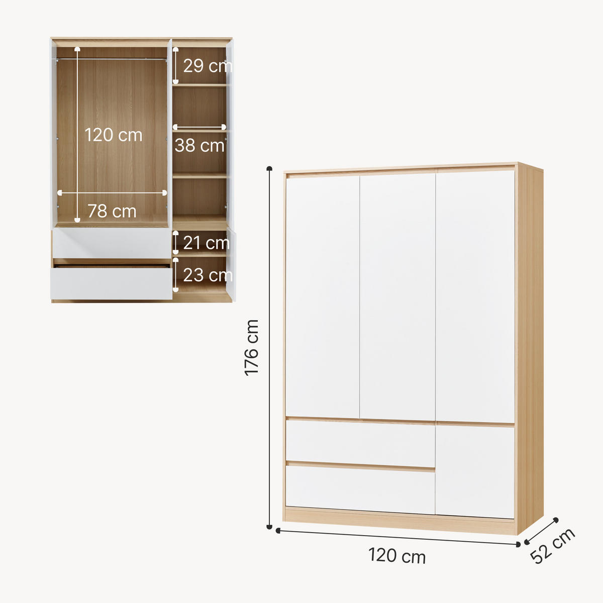 KLEIDERSCHRANK Bastheim - Eichefarben/Weiß, Holzwerkstoff (120/176/52cm) - [en.casa]
