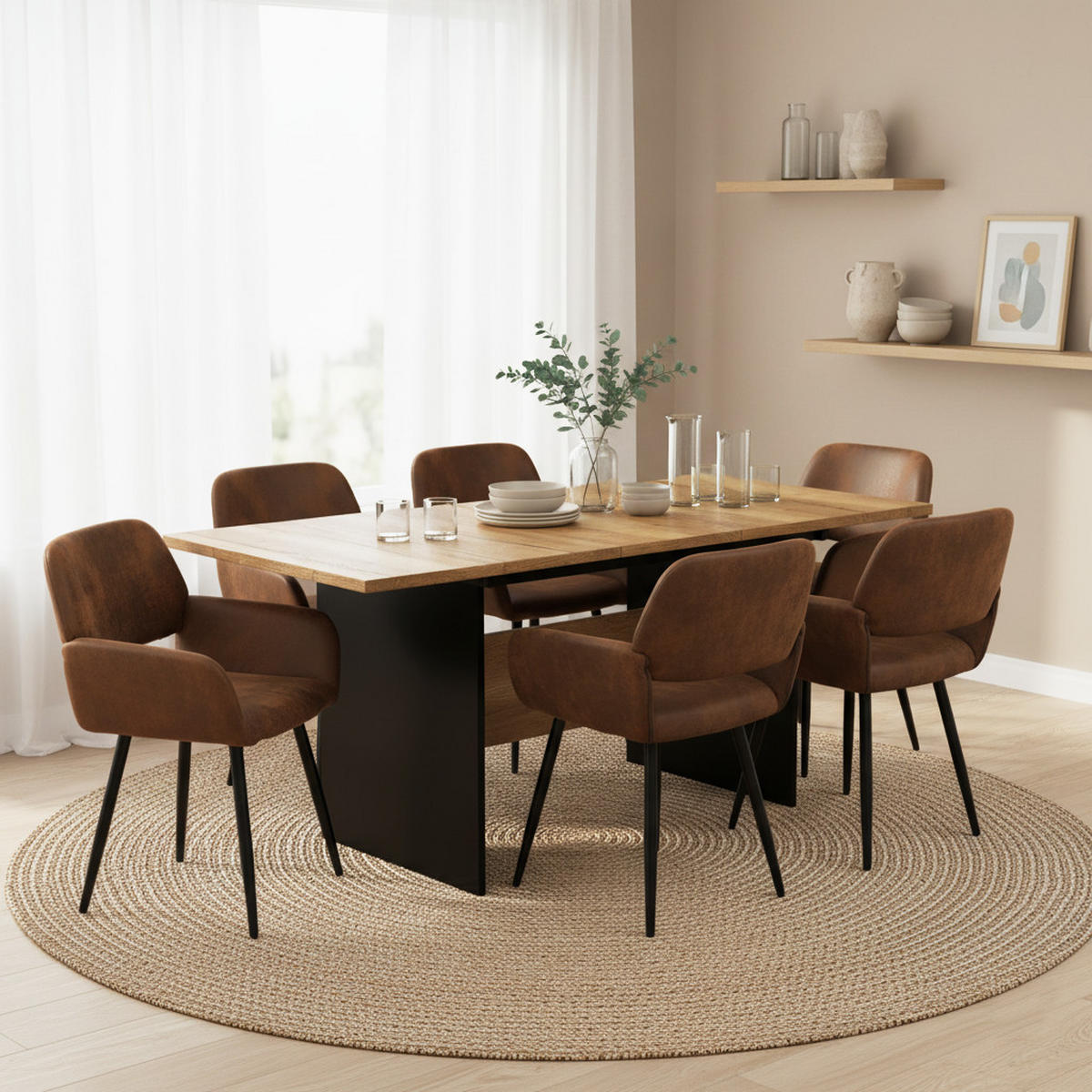 TISCHGRUPPE 7-teilig Ausziehtisch 140–180 cm Eiche-Schwarz & 6x 360° Drehstühle - Schwarz/Eiche San Remo, Holzwerkstoff/Textil (180/75/80cm) - Urban Meuble