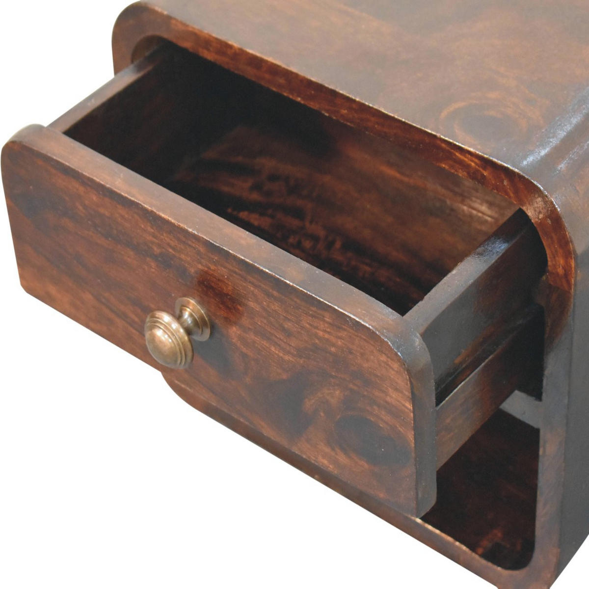 NACHTKASTEN Mini Geschwungen Kalifornisch Nussbaum Wandmontiert, 1 Schublade und Offenes Fach, Dunkelbraun - Dunkelbraun/Messingfarben, Holz/Metall (30/25/25cm) - Artisan Furniture