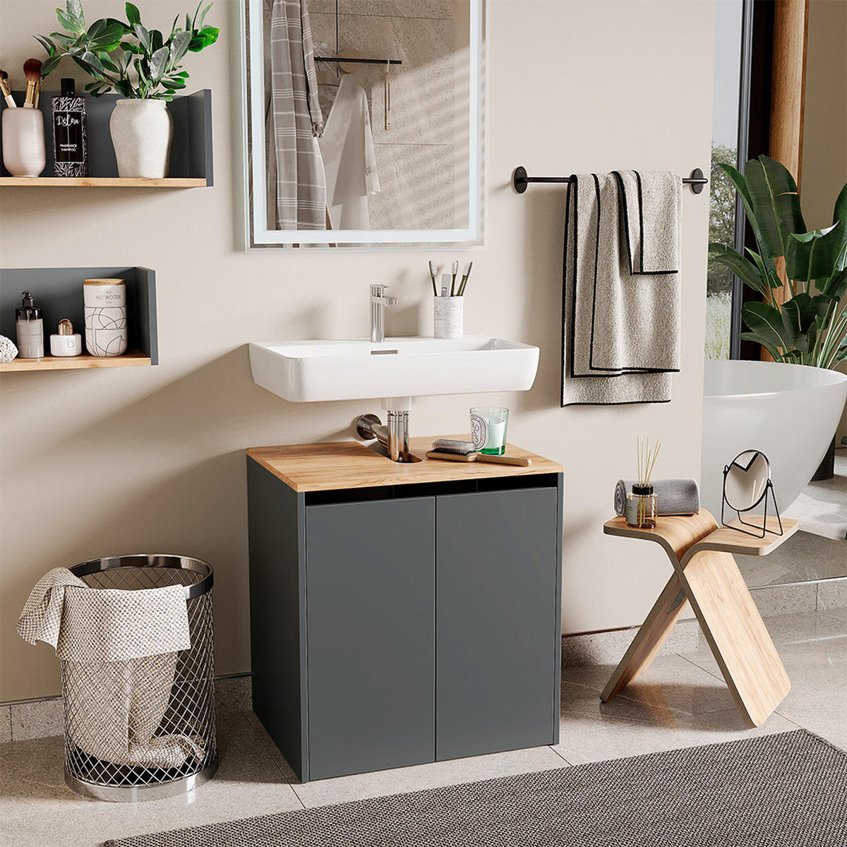 WASCHBECKENUNTERSCHRANK Viktor Anthrazit/Goldkraft Eiche 60.2 x 65 cm - Honigeiche/Anthrazit, Holzwerkstoff (60.2/65/45.5cm) - Vicco