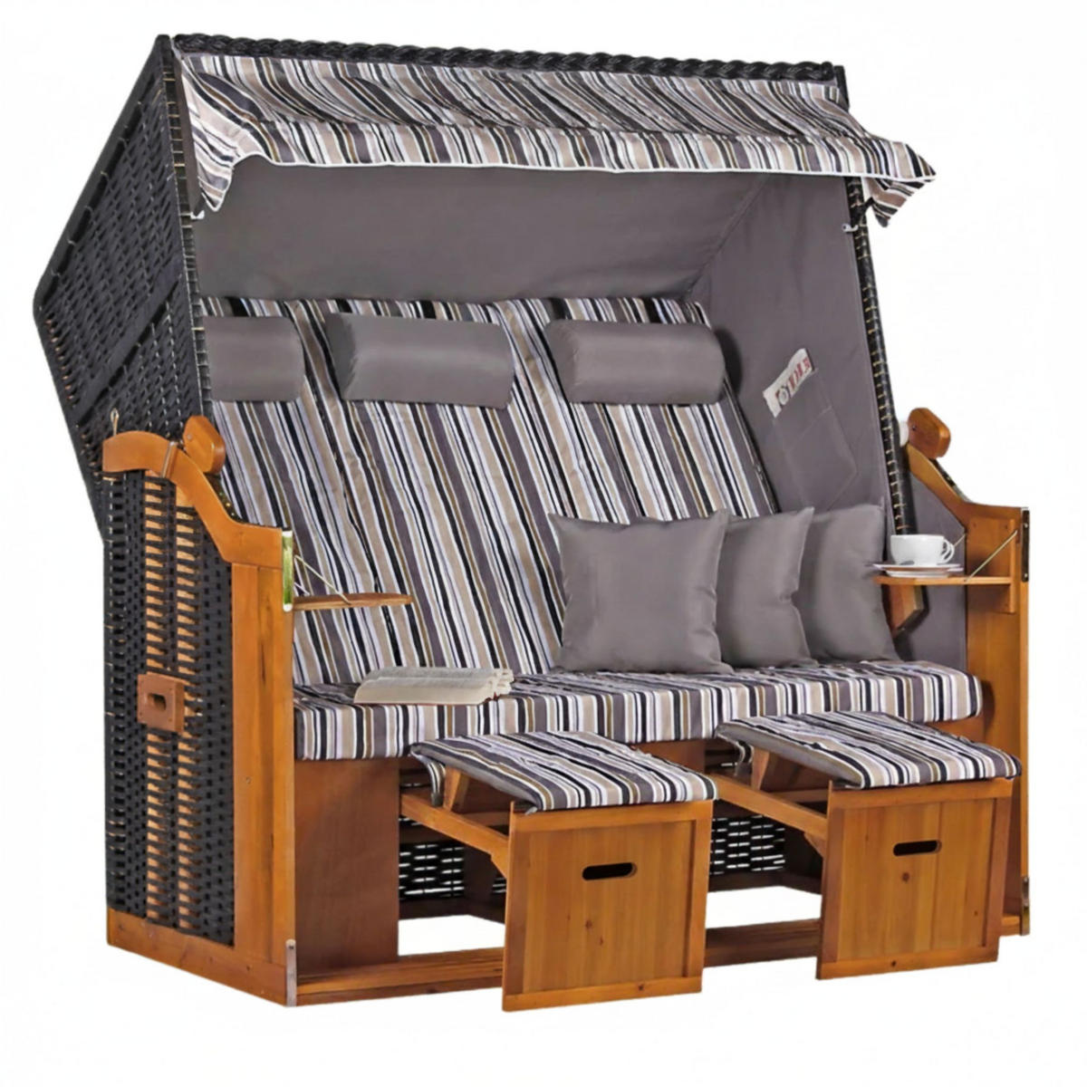 STRANDKORB XXL Ostsee 3Sitzer PE Schwarz - Schwarz/Braun, Metall (160/160/80cm) - Mr. Deko