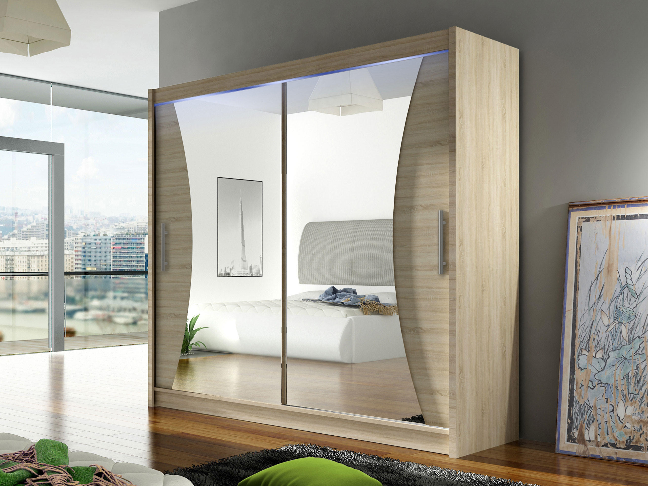 KLEIDERSCHRANK London V, mit RGB LED Beleuchtung - Silberfarben/Sonoma Eiche, Holzwerkstoff/Kunststoff (180/215/58cm) - MIRJAN24