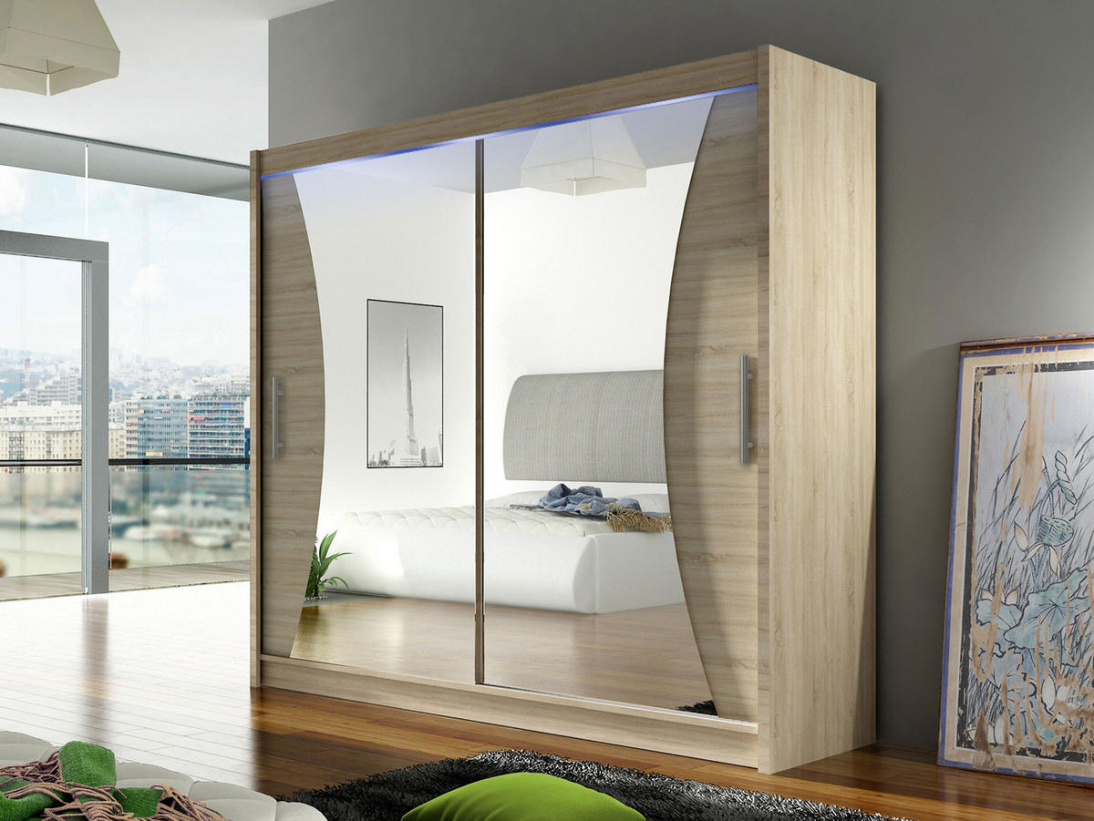 KLEIDERSCHRANK London V, mit RGB LED Beleuchtung - Silberfarben/Sonoma Eiche, Holzwerkstoff/Kunststoff (180/215/58cm) - MIRJAN24