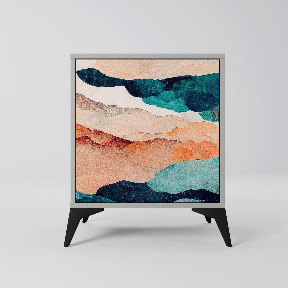 SIDEBOARD ABSTRACT LANDSCAPE, Grau, 57,5x42x72,5 cm, Schwarze Metallfüße - Multicolor/Schwarz, Holzwerkstoff/Metall (57.5/72.5/42cm) - SpaceRebels