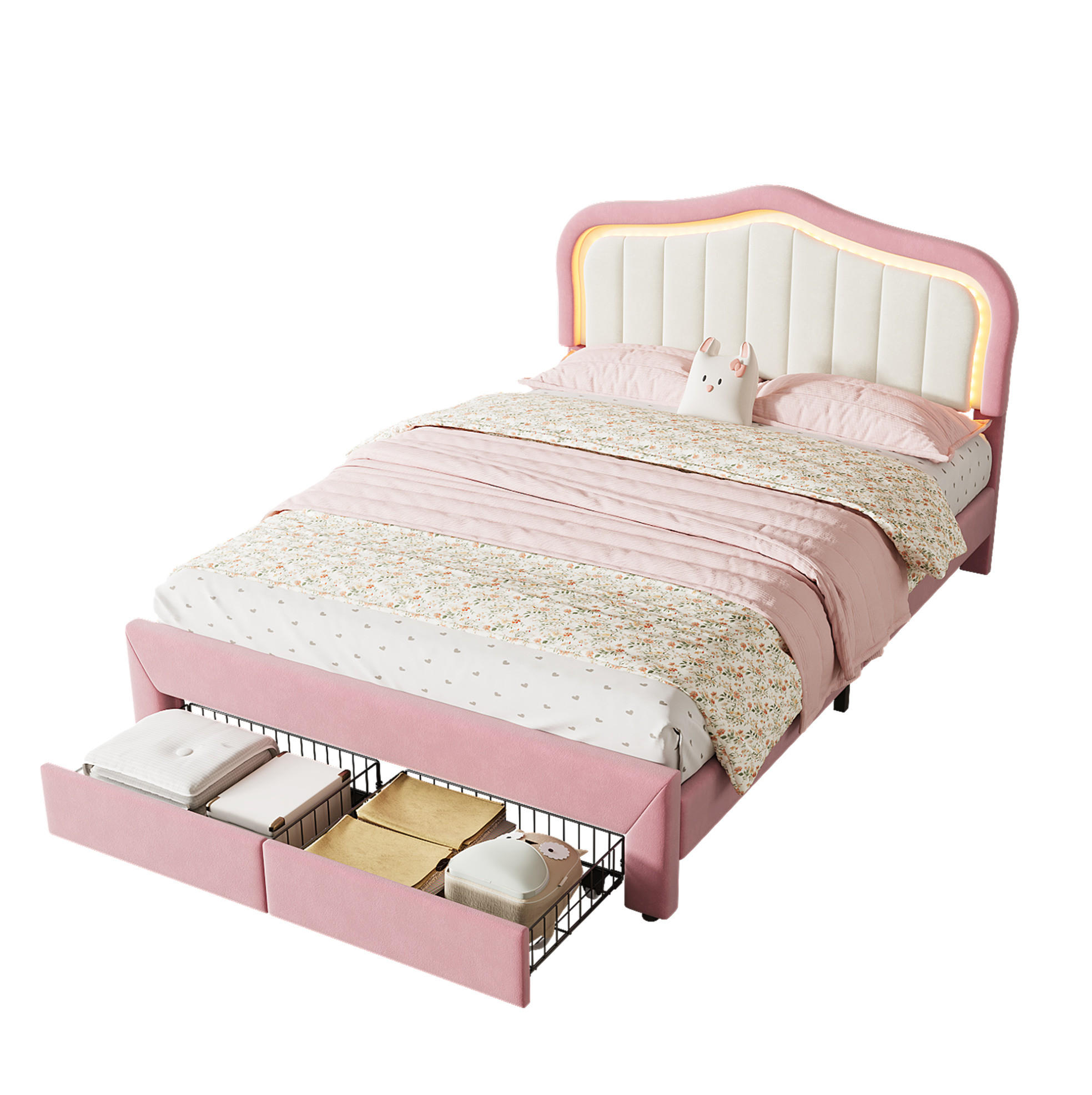 KINDER-POLSTERBETT aus Samt 140x200 cm Rosa mit Schubladen und App-gesteuerter LED-Beleuchtung - Pink, Textil (140/200cm) - Modfu