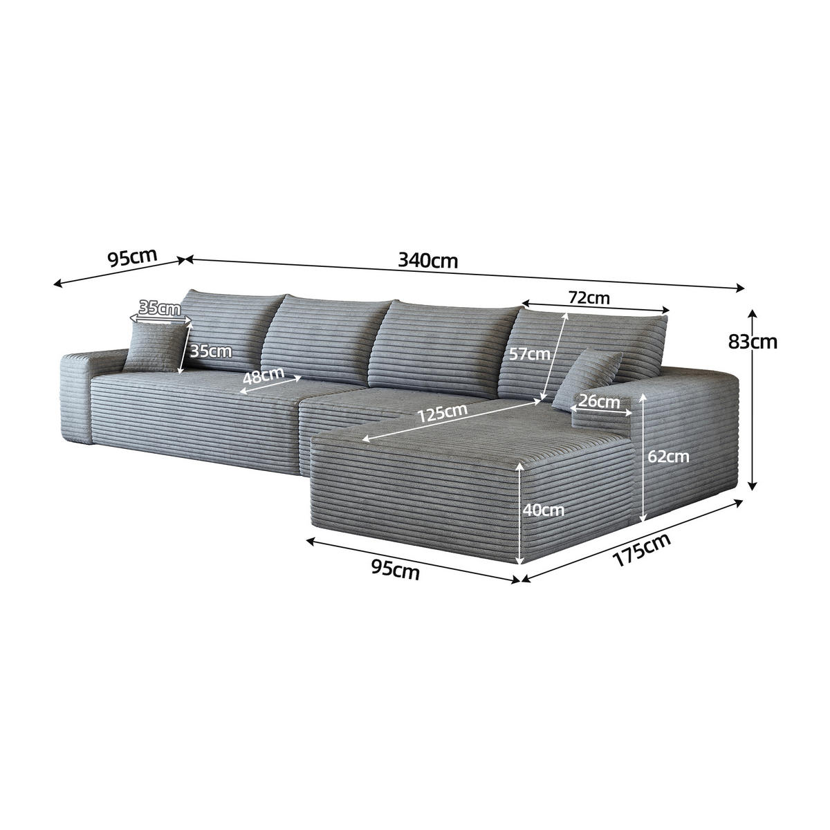 ECKSOFA 340/175/83 cm Grau mit L-förmiger Chaiselongue, Rechte Seite - Grau, Textil (340/175cm) - Oxeza