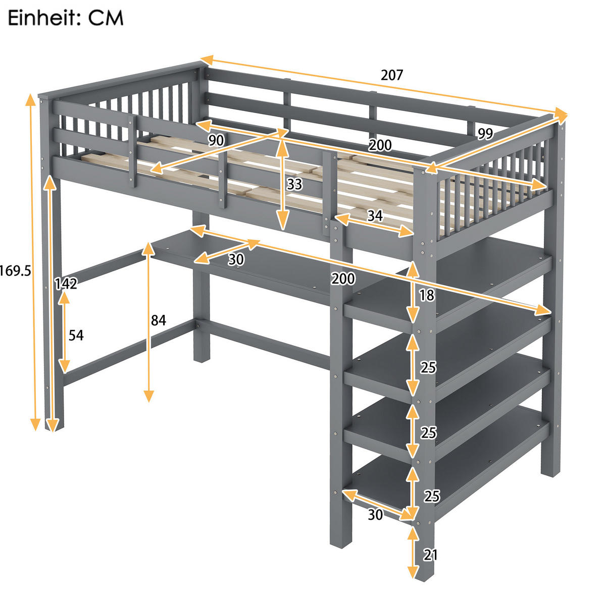 HOCHBETT 90/200 cm Grau mit Schreibtisch und Ablagefächern - Grau, Holzwerkstoff (90/200cm) - Flora Grace