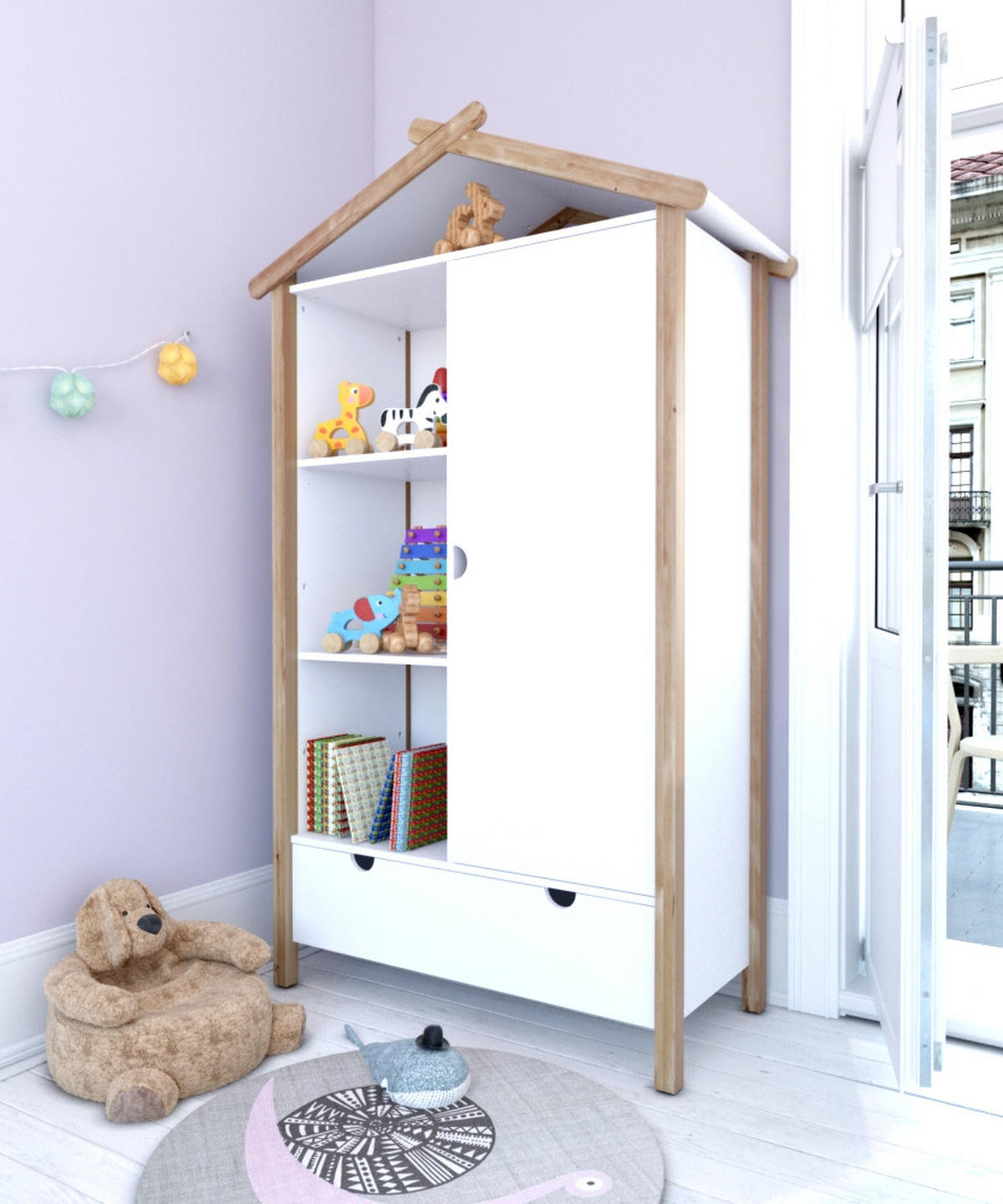 KLEIDERSCHRANK Malmö in Hausform - 1 Tür, 3 offene Fächer, 1 Schublade - Weiß, Holz (112/187/51cm) - TPFLiving