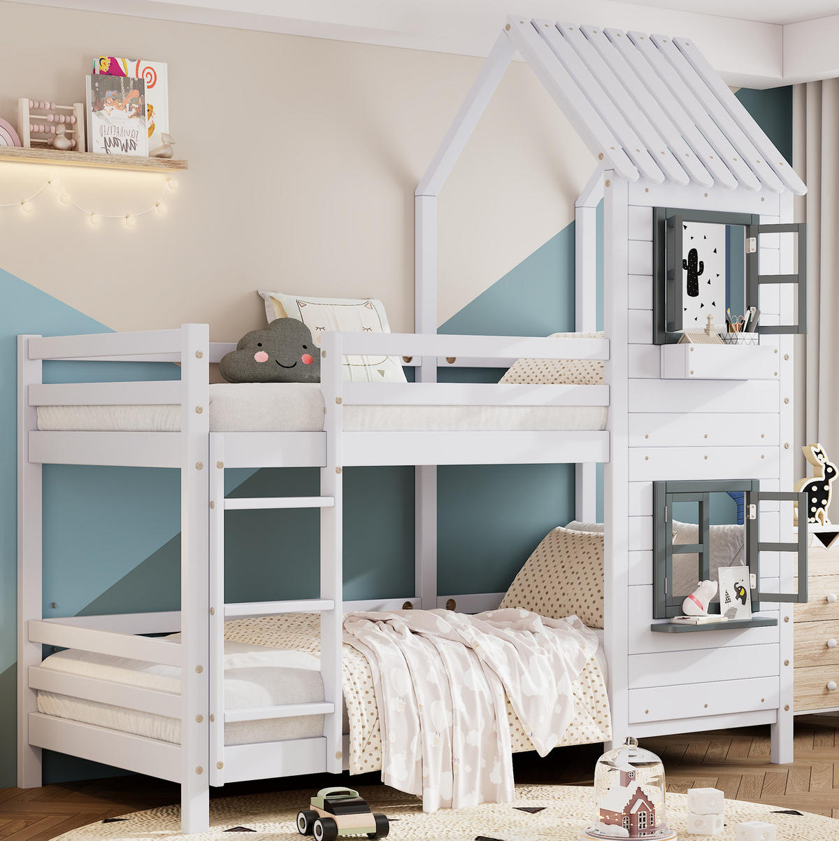 ETAGENBETT aus Kiefer und MDF 90x200 cm Weiß/Grau mit Fenster, Handlauf, Fallschutz und Hausdesign - Weiß, Holzwerkstoff (90/200cm) - Modfu