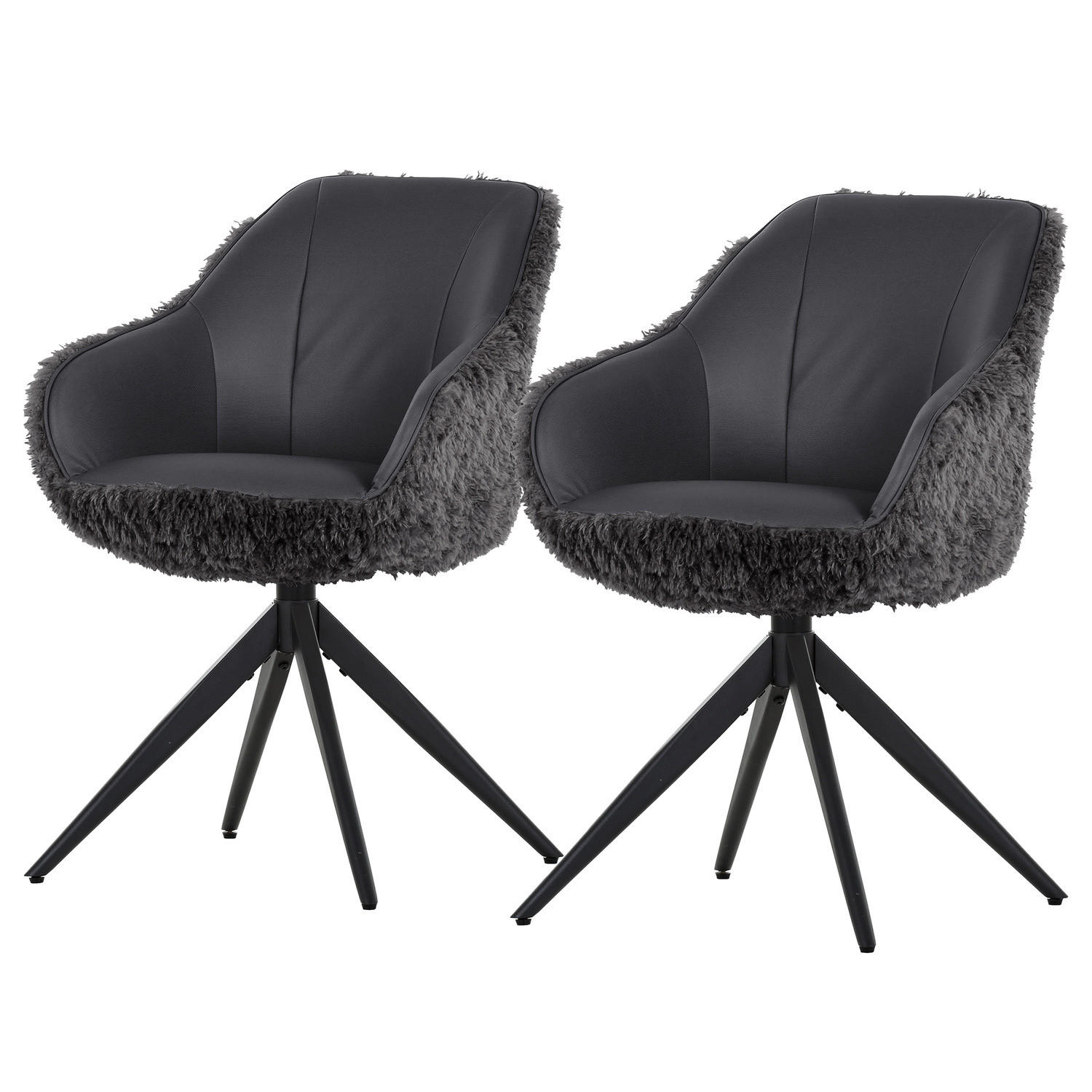 DREHBARER ARMLEHNENSTUHL - 2er-Set - Teddystoff / Kunstleder / Eisen - Anthrazit/Schwarz, Kunststoff/Textil (60/83/65cm) - home24