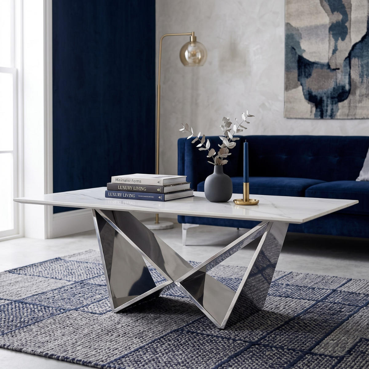DESIGN-COUCHTISCH CENTO Rechteckiger Wohnzimmertisch in Marmor-Optik mit geometrischem Edelstahl-Gestell (130 x 70 cm) - Silberfarben, Metall (70/130/42cm) - alesvelt
