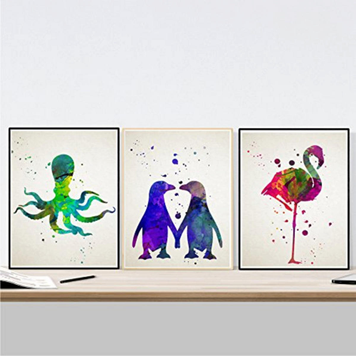 POSTER Set Mit 3 Tintenfisch, Pinguine Und Flamingo Aquarell A3 Rahmenlos - Klar, Papier (29.7/5/42cm) - Nacnic