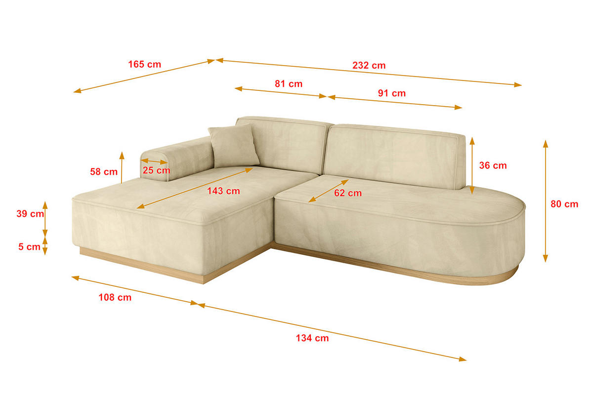 ECKSOFA Ottomane Links IREA-L1-v2 - 232x165x80 cm Beige - Taupe, Holzwerkstoff/Textil (232/165cm) - ALTDECOR