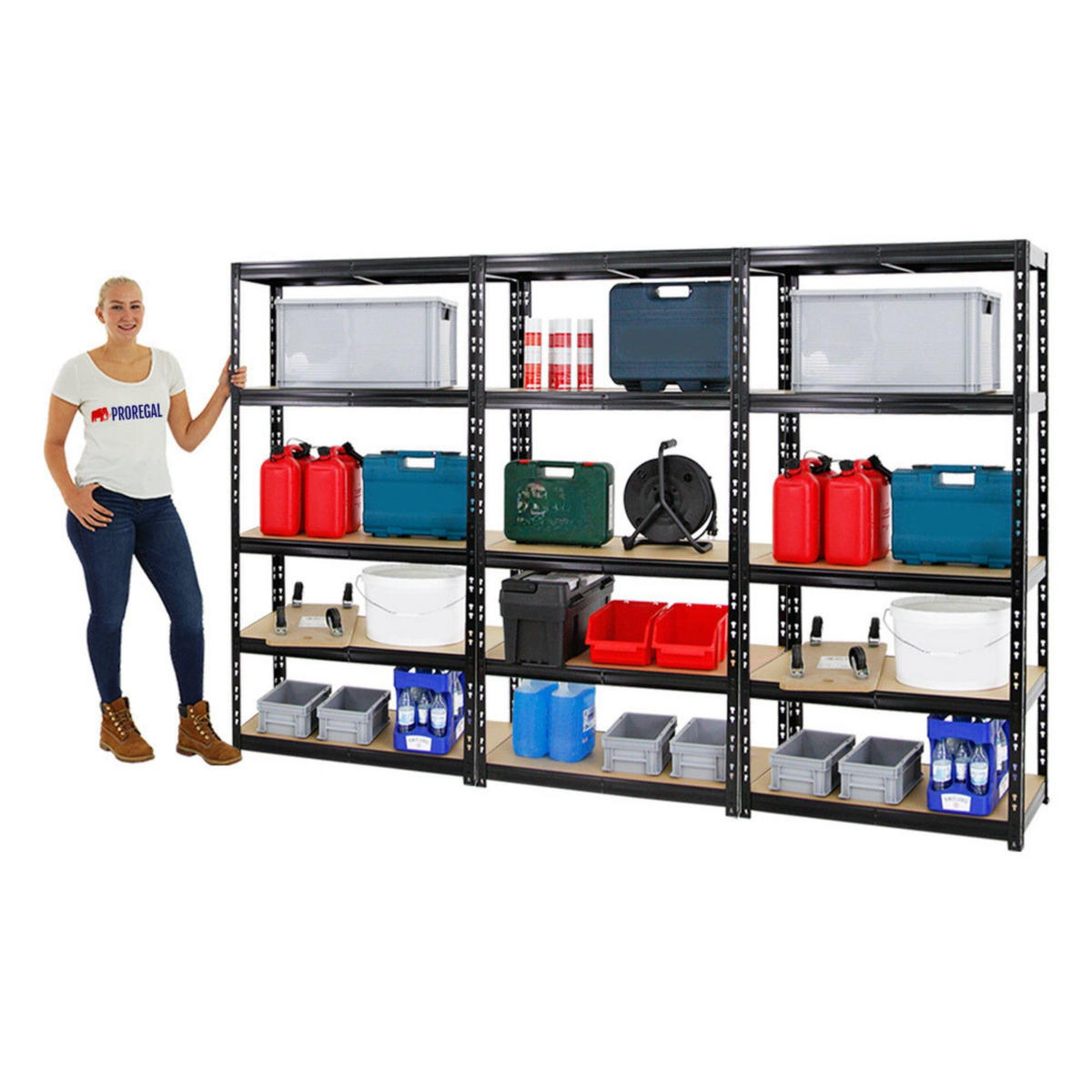SCHWERLASTREGAL Tiger 3er-Set mit 3x 180x90x45 cm Fachlast 265 kg Schwarz - Schwarz, Metall (270/180/45cm) - PROREGAL