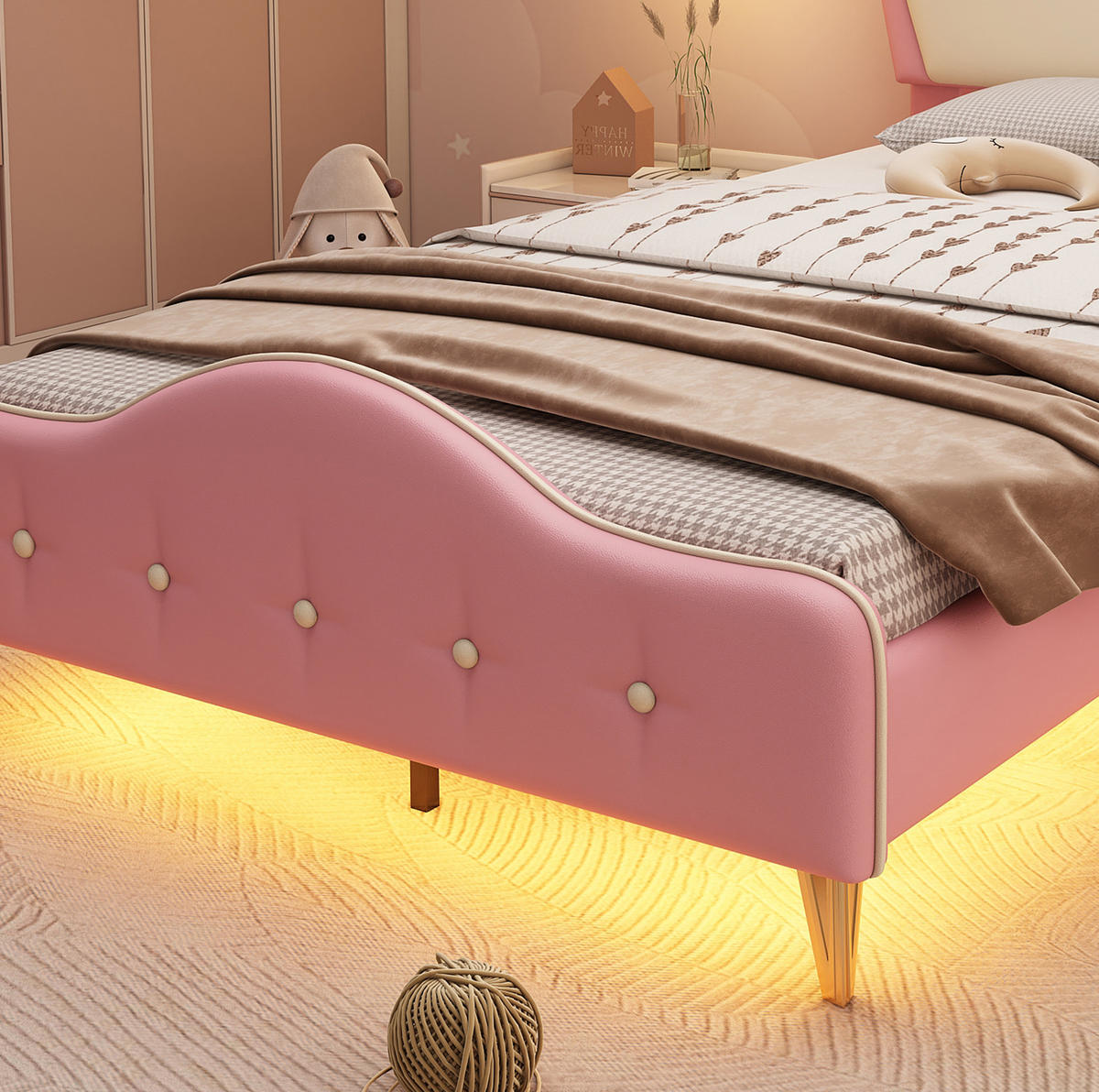 KINDERBETT Polsterbett 90/200 cm aus PU mit LED-Lichtleiste und Kronenkopfteil Rosa/Weiß - Weiß, Kunststoff (90/200cm) - Modenvie