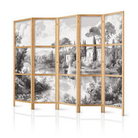 PARAVENT Japanischer 5-tlg 225x172 cm Schwarz-Wei e Landschaft - Grau, Holz/Textil (225/172/3cm) - Muralo