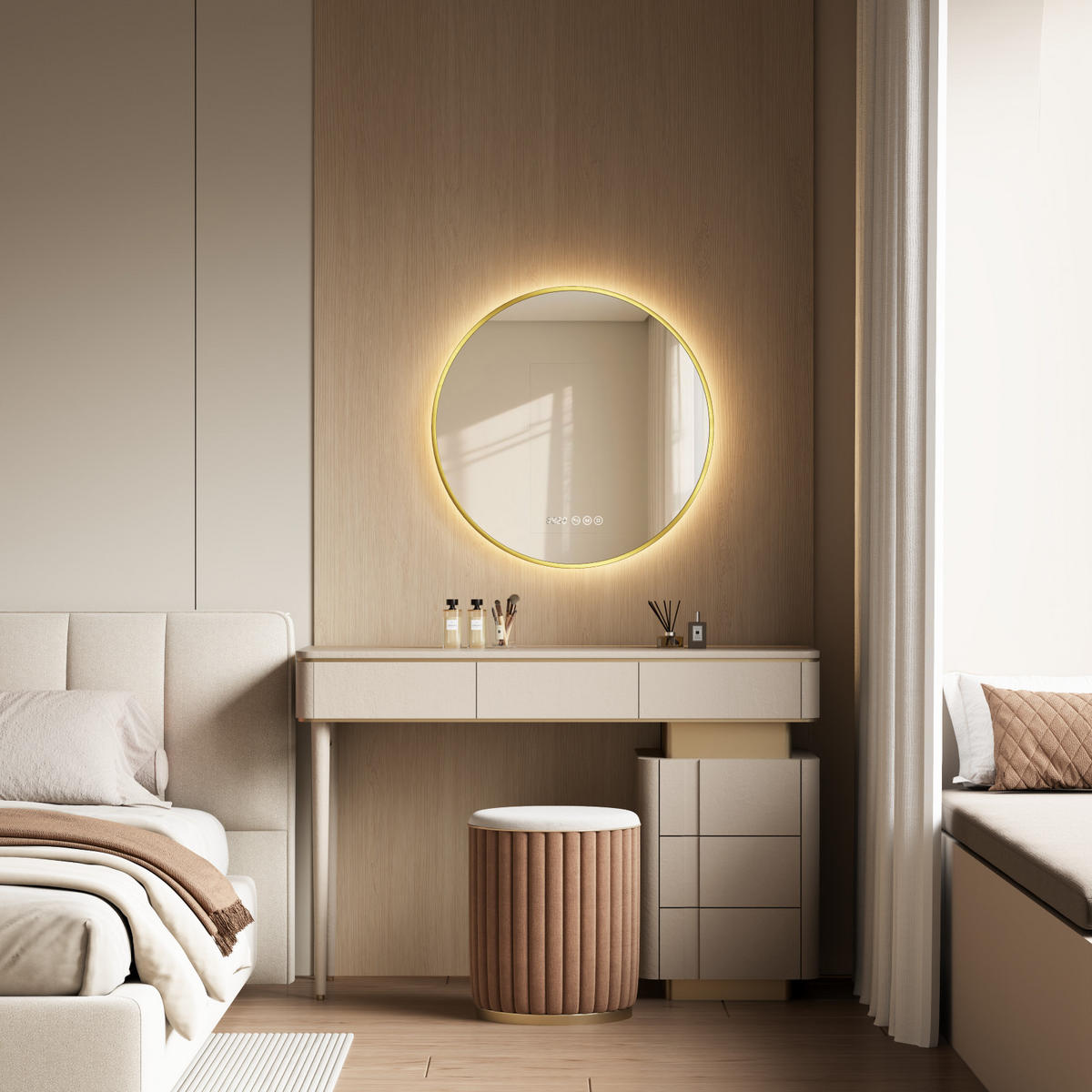 BADSPIEGEL mit LED-Beleuchtung, Anti-Beschlag-Funktion und Uhrzeitanzeige, Goldfarben, Ø 80 cm - Goldfarben, Glas (80/80/3cm) - EMKE