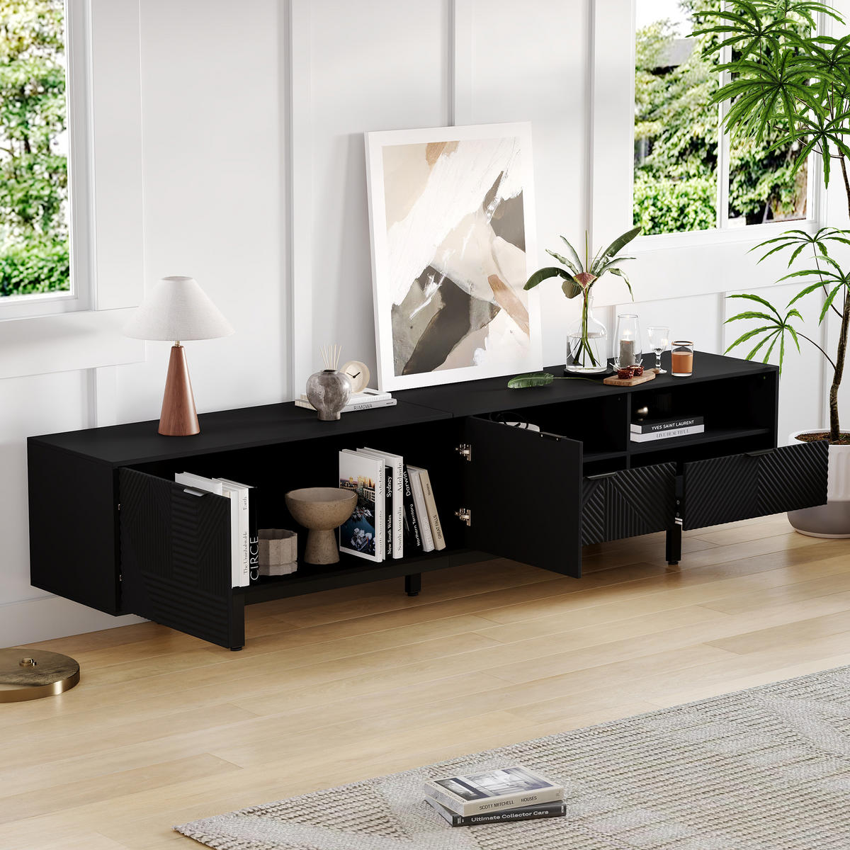 TV-LOWBOARD Linienmuster Schwarz 200/40/51 cm - Schwarz, Holz (200/51/40cm) - PANGIVO