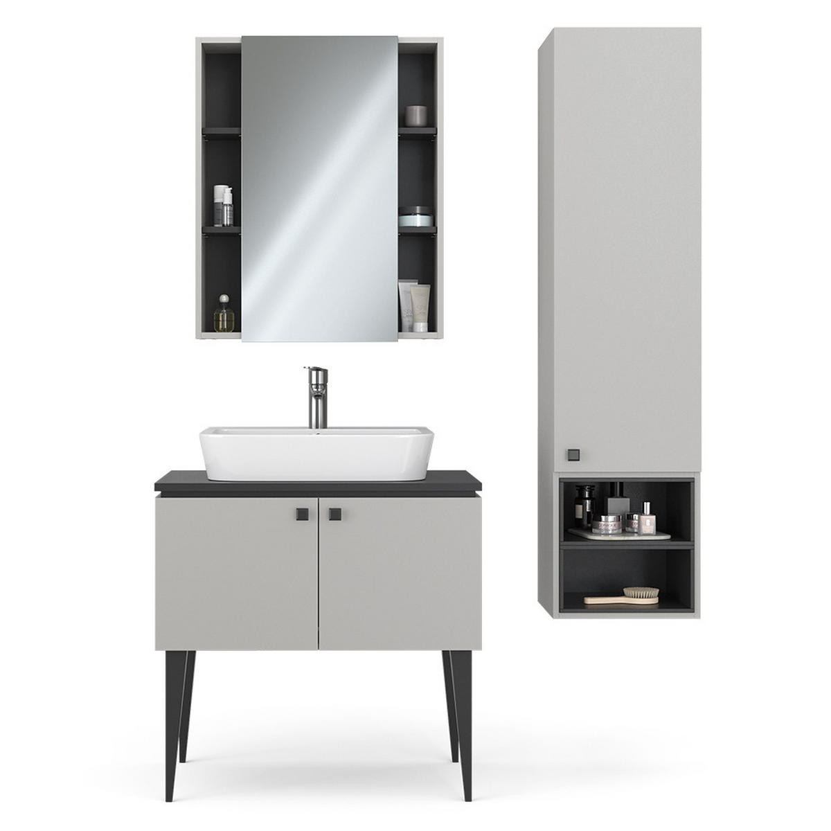 BADMÖBEL-SET Gerta Grau 3 Teile, Hängeschrank 1 Tür - Schwarz/Grau, Holzwerkstoff (80/79/50cm) - Vicco