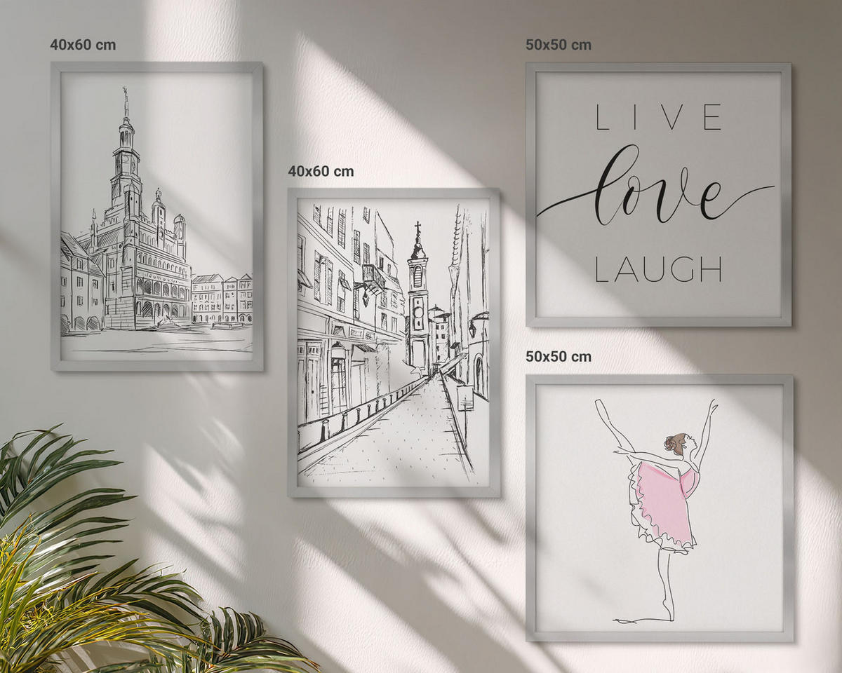 BILDER SET 4er Set - 50x50 cm & 40x60 cm Silberner Rahmen - Stilvolle Grafik, Ballerina-Architektur - Silberfarben, Kunststoff (50/50cm) - TULUP