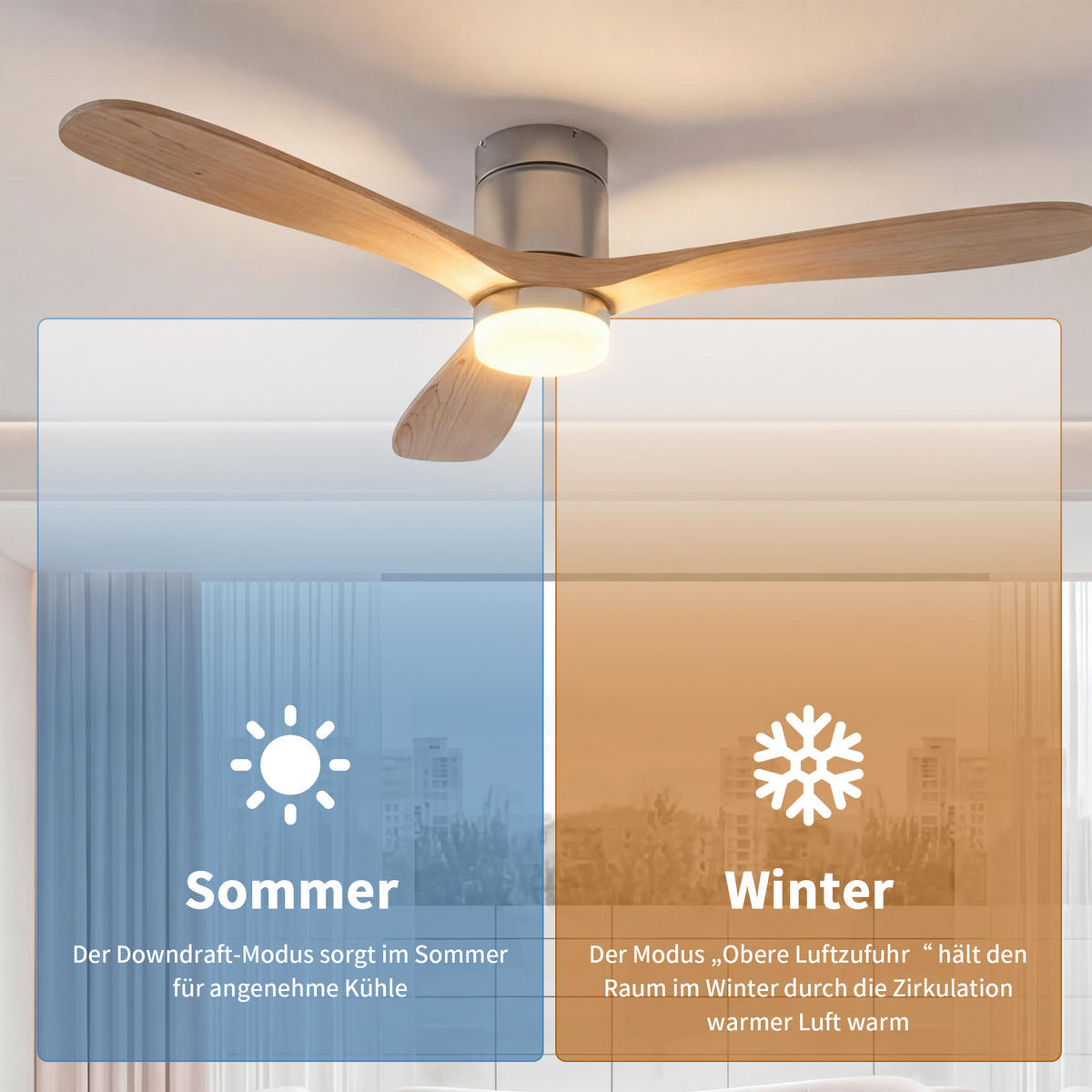 DECKENVENTILATOR mit LED-Licht, 132 cm, Holzflügel, 6 Stufen & Timer - Naturfarben, Metall (132/132/28cm) - EuroLiving