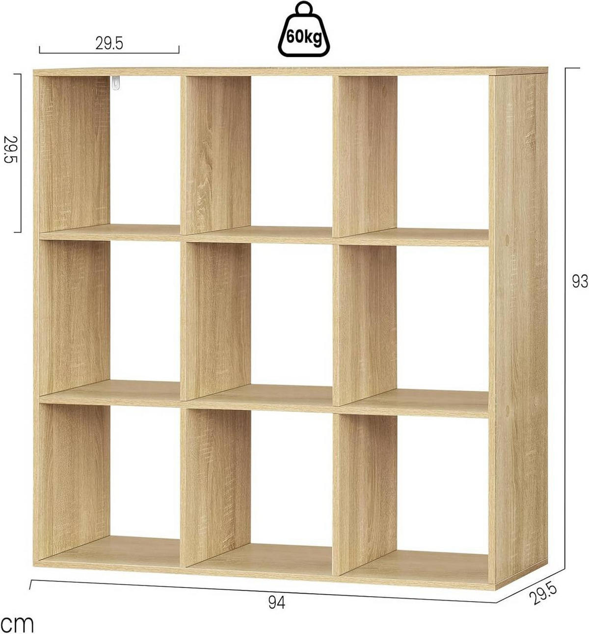 REGAL Bücherregal mit 9 Fächern,Würfelregal, Helle Eiche - Eichefarben, Holzwerkstoff (94/93/29.5cm) - Woltu