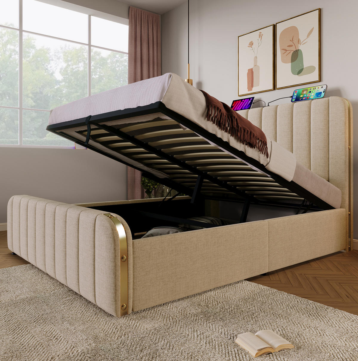 POLSTERBETT aus Leinen 140x200 cm in Beige mit USB- & Typ-C-Anschluss - Beige, Textil (140/200cm) - Modfu