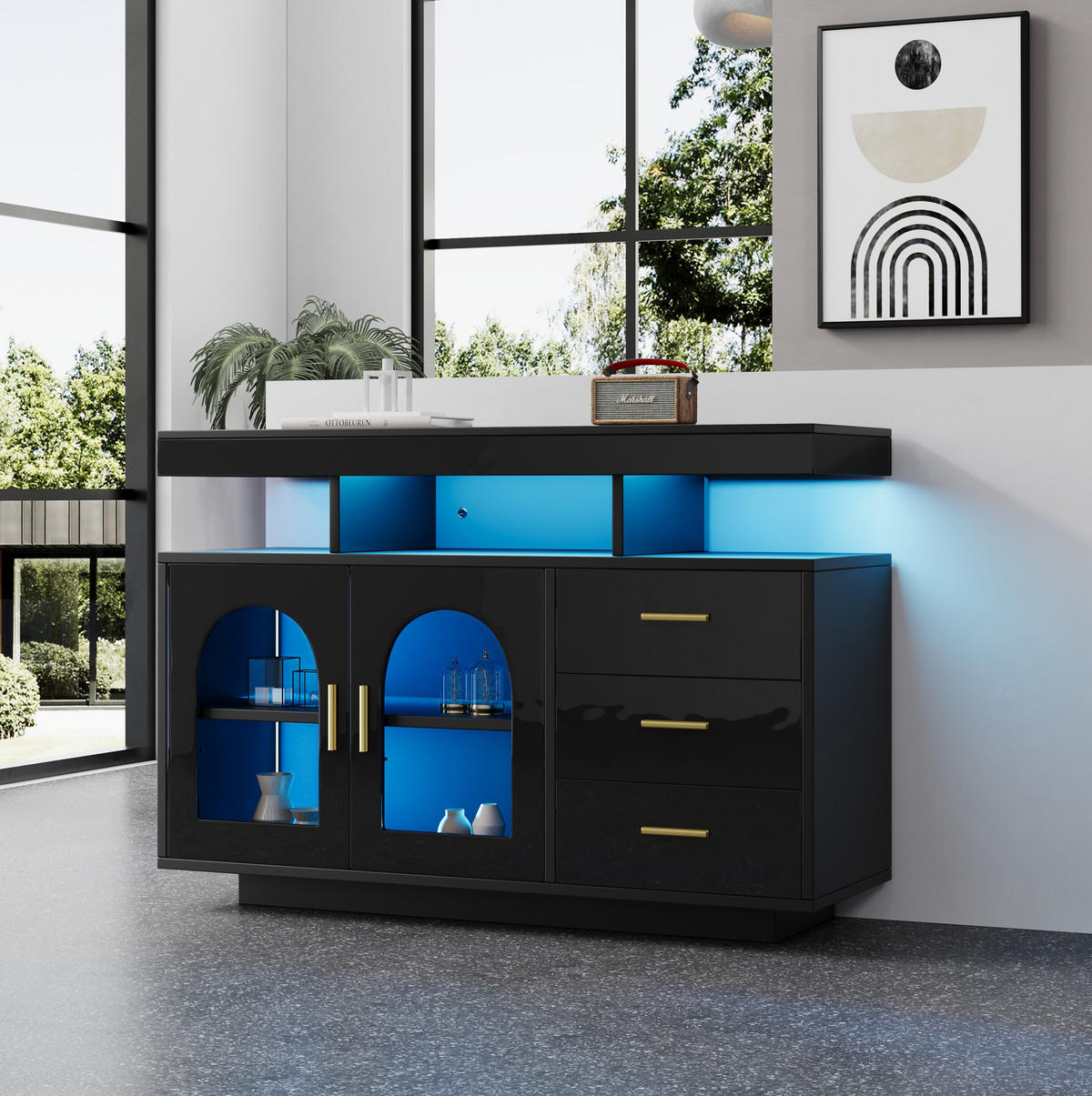 SIDEBOARD 120/40/80 cm Schwarz aus Spanplatte mit LED-Beleuchtung - Schwarz, Holzwerkstoff (40/80/120cm) - OKMYHOME