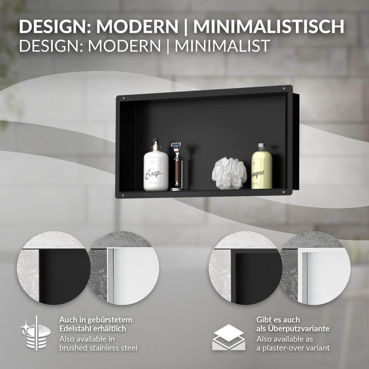 DUSCHNISCHE Schwarz 60/30 cm randlos - Schwarz, Metall (60/30/10cm) - LuxeBath