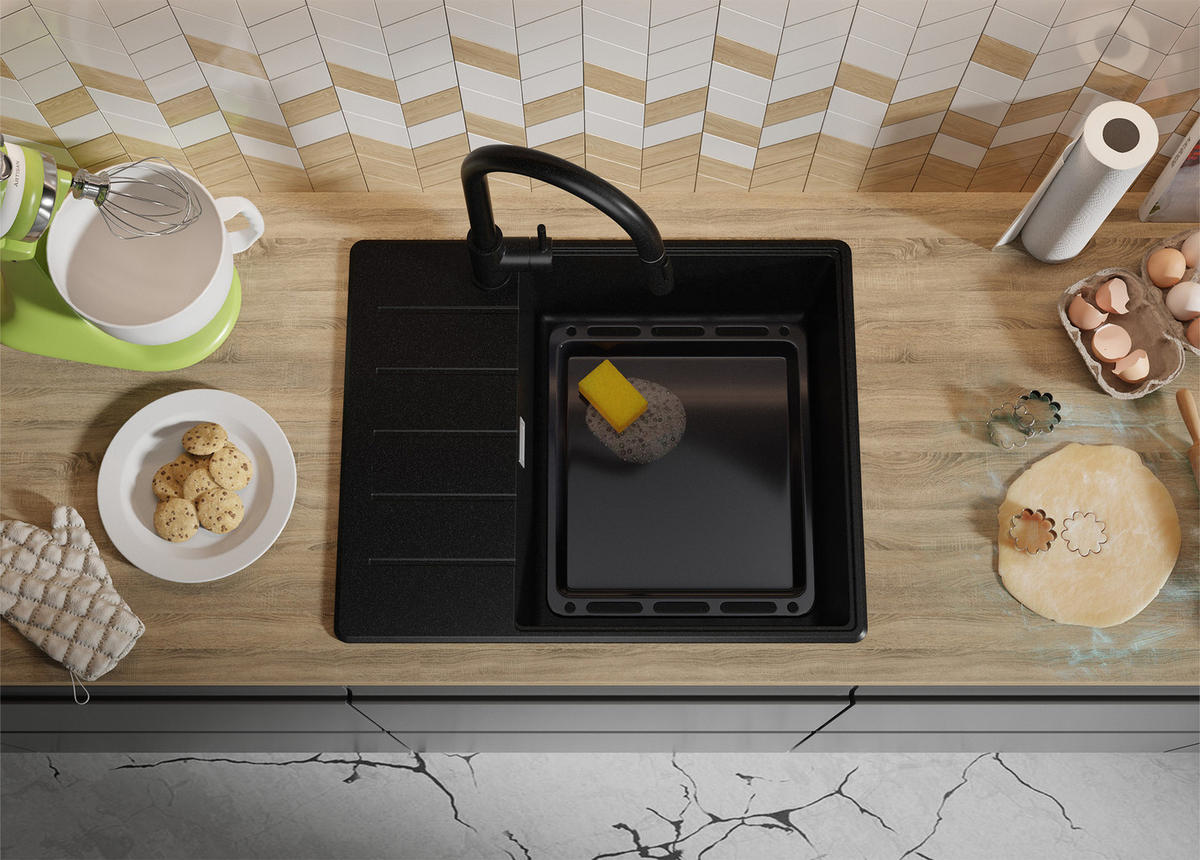 SPÜLBECKEN Kopenhagen, 2-er set Alles Schwarz 62/50 cm 1 Becken + Ablauf-Set + Schneidebrett ab 50er Unterschrank - Beige/Schwarz, Kunststoff (62/20/50cm) - Primagran