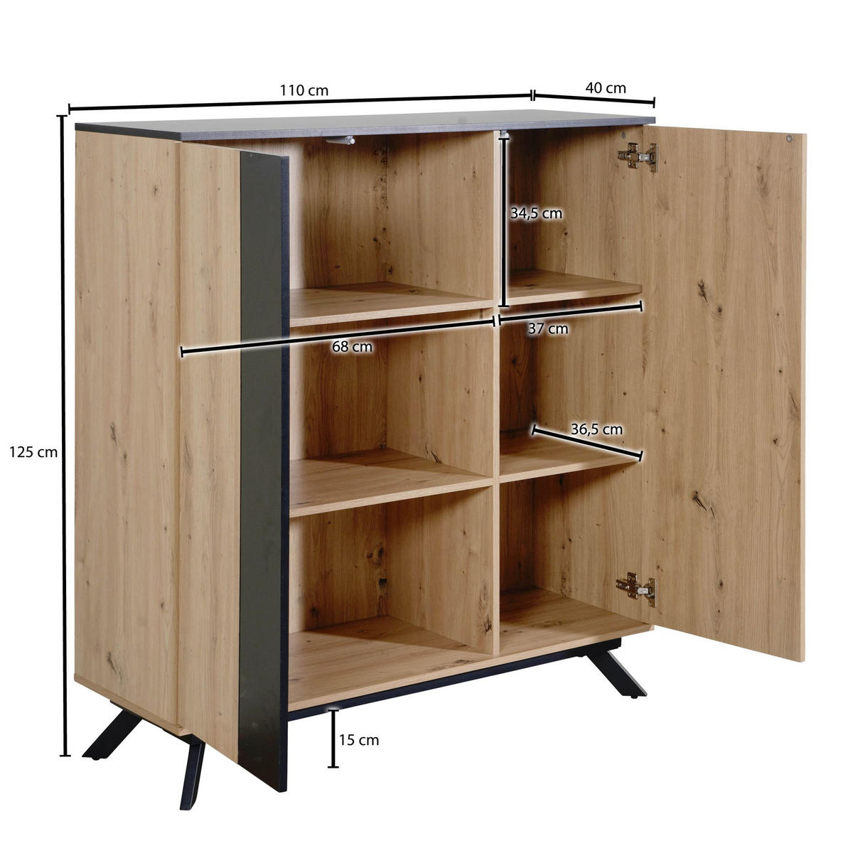 KOMMODE – Eichedekor, 6 Fächer, magnetische Stopper, pflegeleicht - Schwarz/Braun, Holz/Metall (110/125/40cm) - KADIMA DESIGN