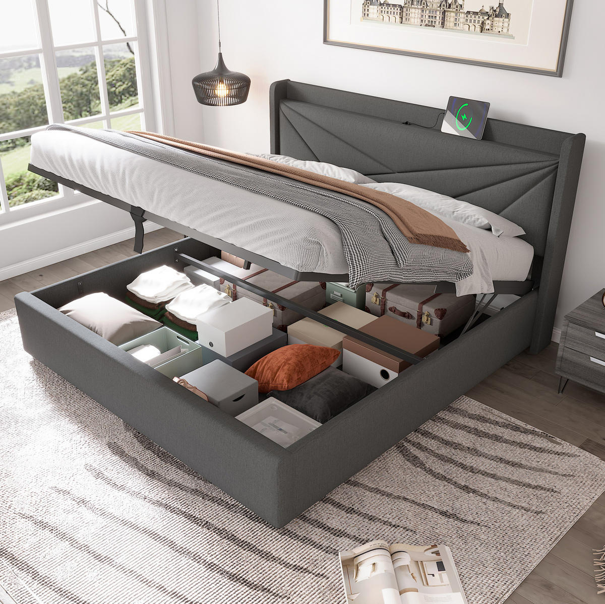 POLSTERBETT 180/200 cm Grau aus Baumwollleinen mit Bettkasten und USB Typ-C - Grau, Textil (180/200cm) - OKMYHOME