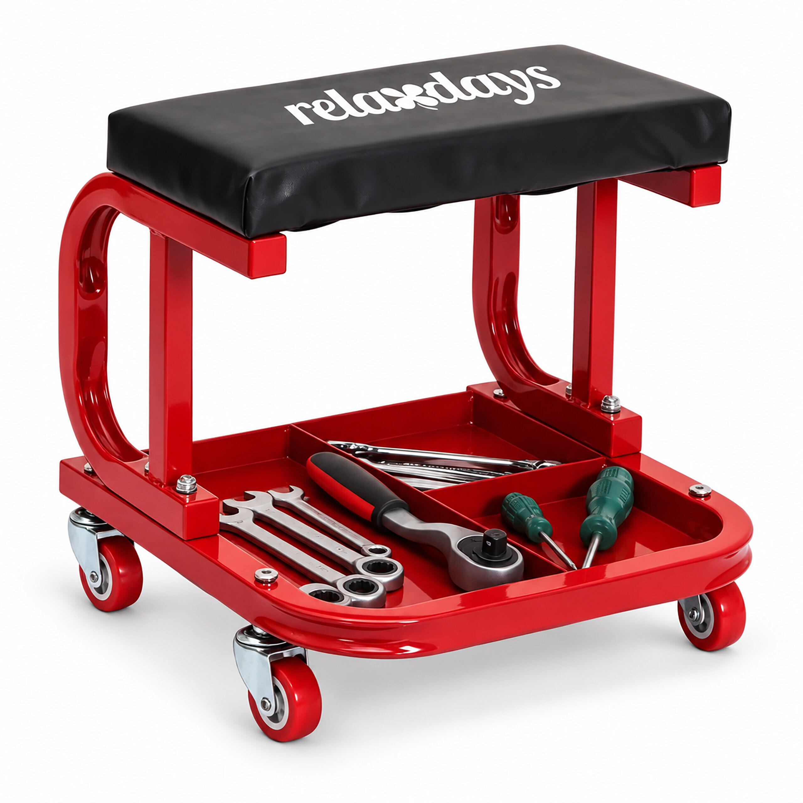 WERKSTATTHOCKER Schwarz-Rot auf Rollen mit Ablage 100 kg - Multicolor, Holzwerkstoff/Kunststoff (36/35/35.5cm) - Relaxdays