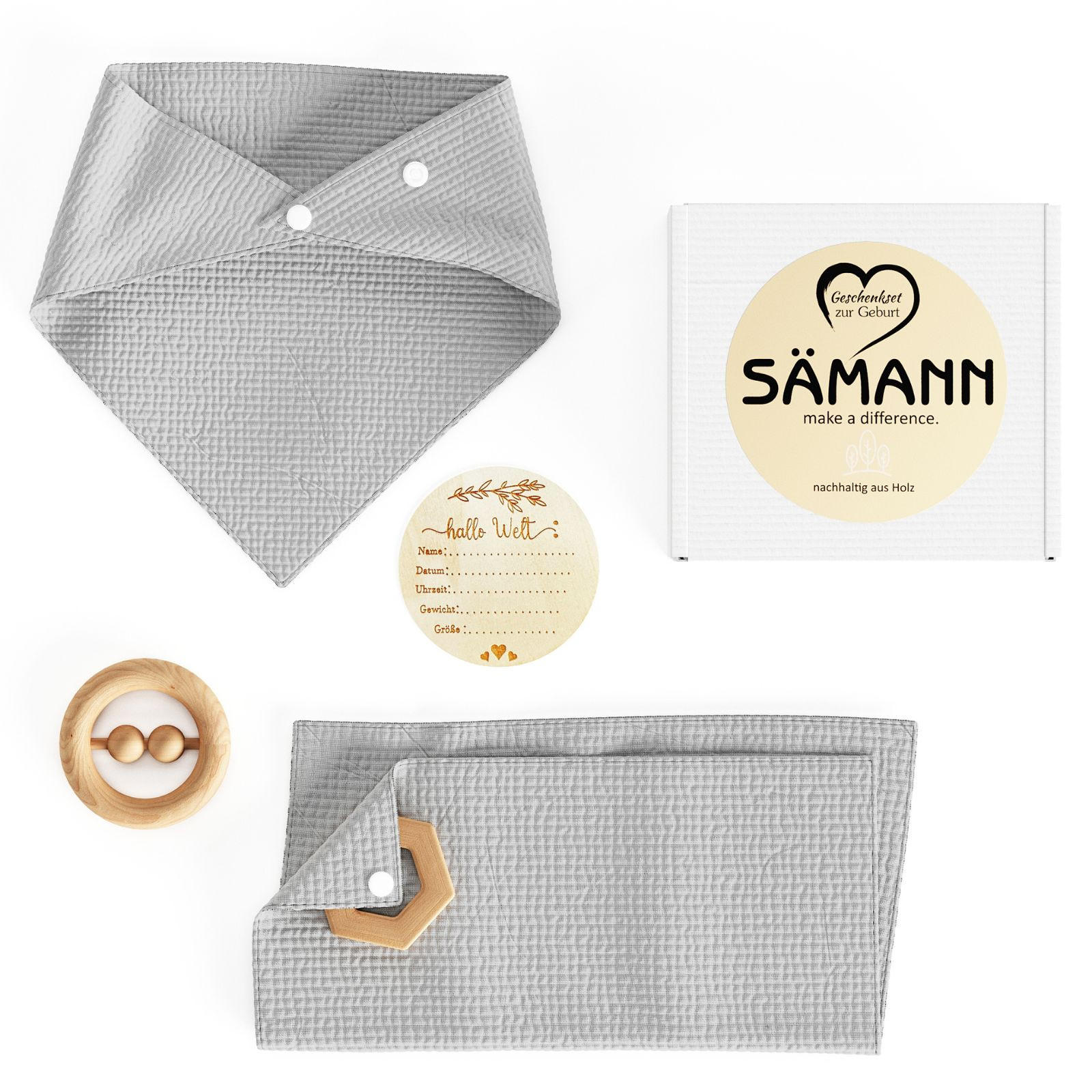 BABY Geschenkset 4-tlg. zur Geburt mit Halstuch, Rassel, Karte, Schmusetuch grau - Grau, Textil (10/10cm) - Sämann – make a difference.