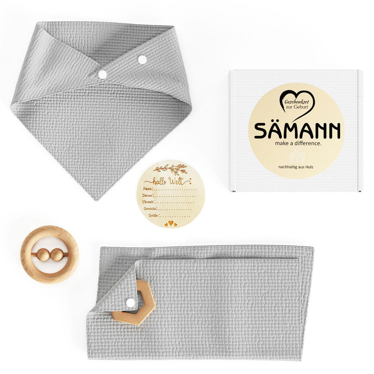 BABY Geschenkset 4-tlg. zur Geburt mit Halstuch, Rassel, Karte, Schmusetuch grau - Grau, Textil (10/10cm) - Sämann – make a difference.