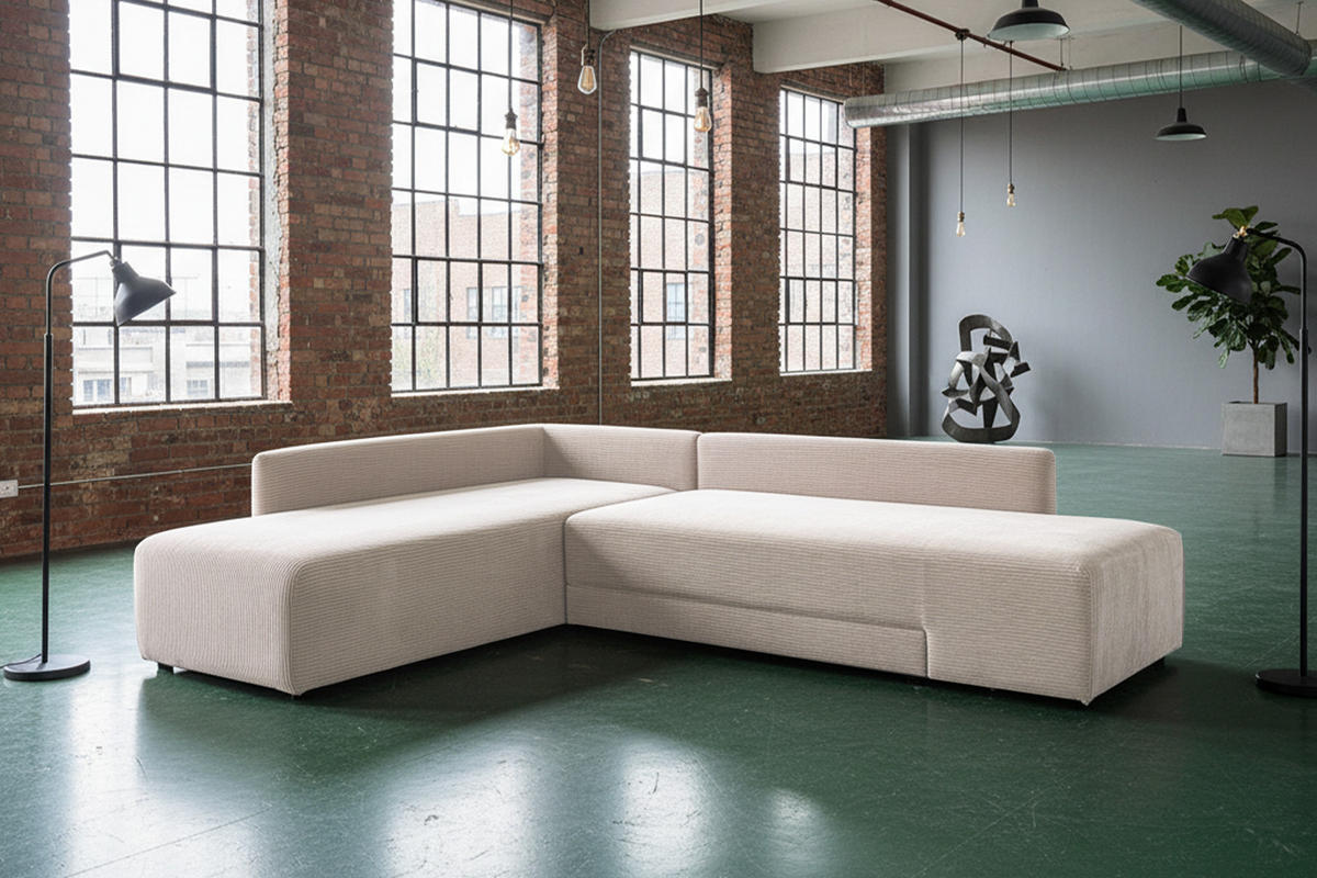 SCHLAFSOFA SADIRA Cremeweiß Cord - Creme/Schwarz, Kunststoff/Textil (288/209cm) - KAWOLA