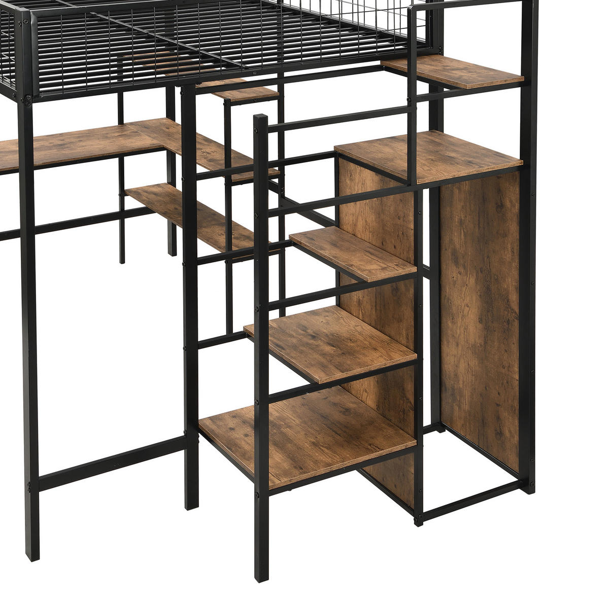 HOCHBETT 140/200 cm in Schwarz/Braun mit Schreibtisch, Regalen und Kleiderschrank - Schwarz, Metall (140/200cm) - Flora Grace