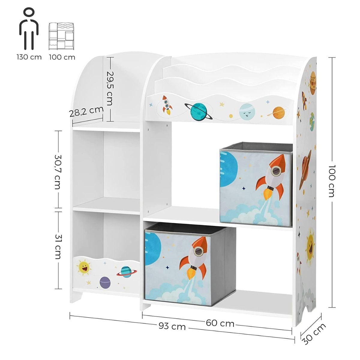 KINDERREGAL mit Buchablage und 2 Aufbewahrungsboxen - Weiß, Holzwerkstoff (30/100/93cm) - Calicosy