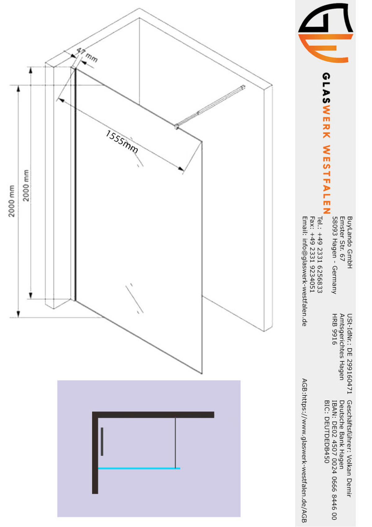 WALK-IN-DUSCHWAND 160 × 200 cm – Satiniertes ESG-Sicherheitsglas – Schwarz - Schwarz, Glas (10/160/200cm) -  Glaswerk Westfalen