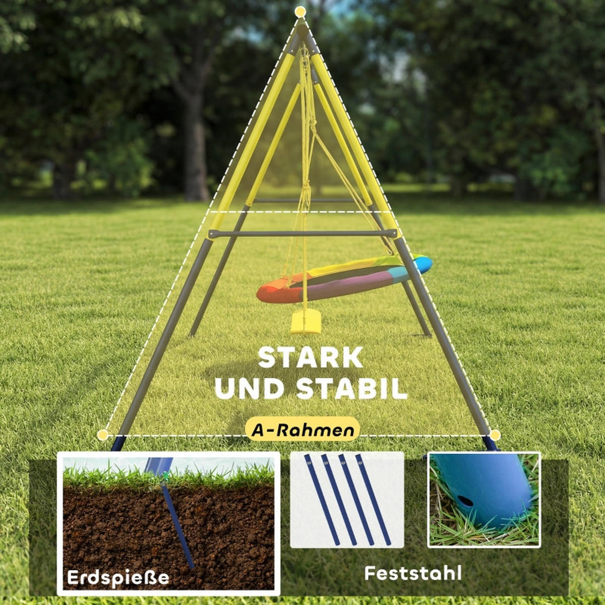 SCHAUKEL-SET mit Nestschaukel Gurtschaukel verstellbarem Seil für 3-8 Jahre 265x160x178cm - Blau, Metall (160/265cm) - Hauptrolle