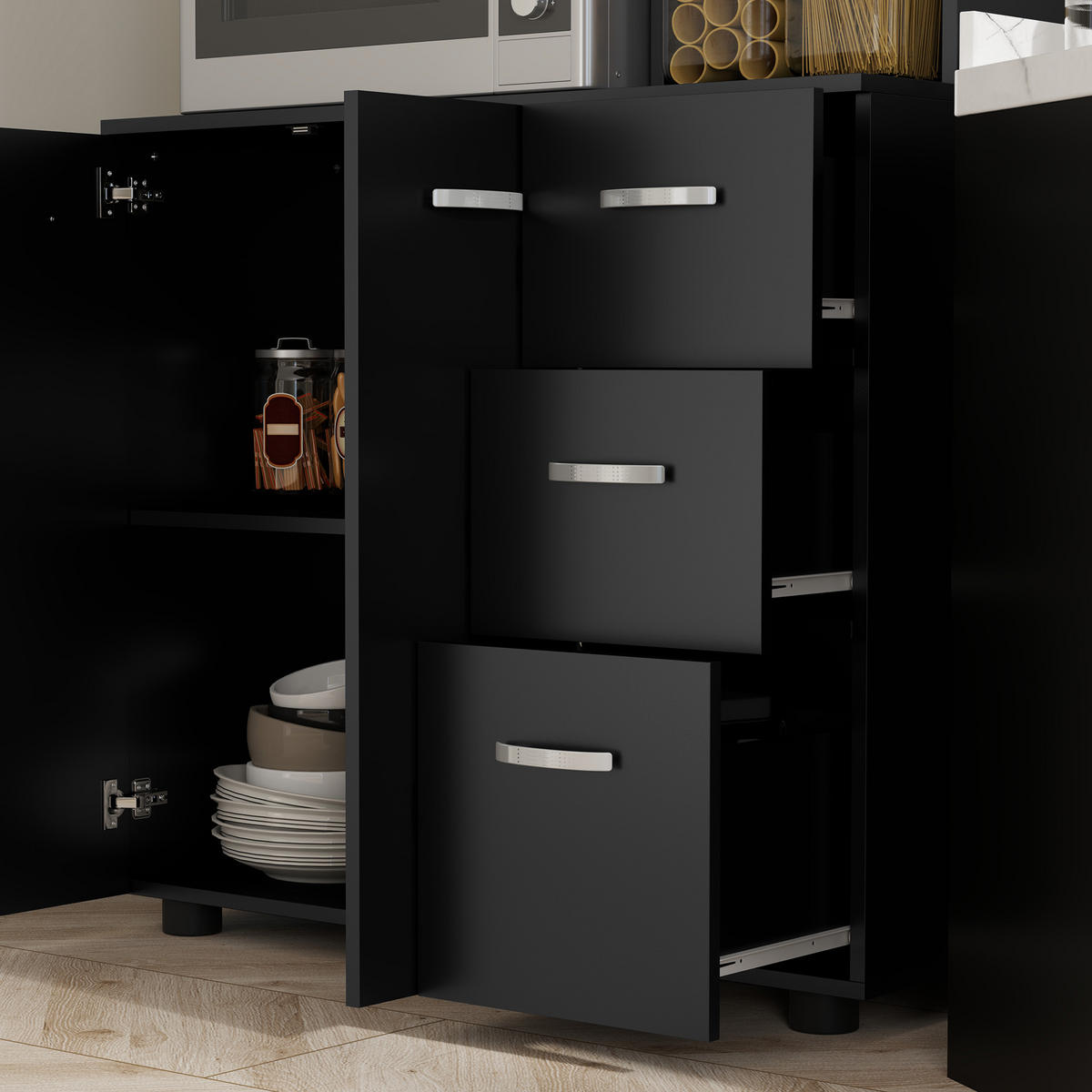 BUFFET DE-11116 4 Türen & 3 Schubladen mit Arbeitsplatte Schwarz - Schwarz, Holzwerkstoff (39.5/168/89cm) - ComfortXL