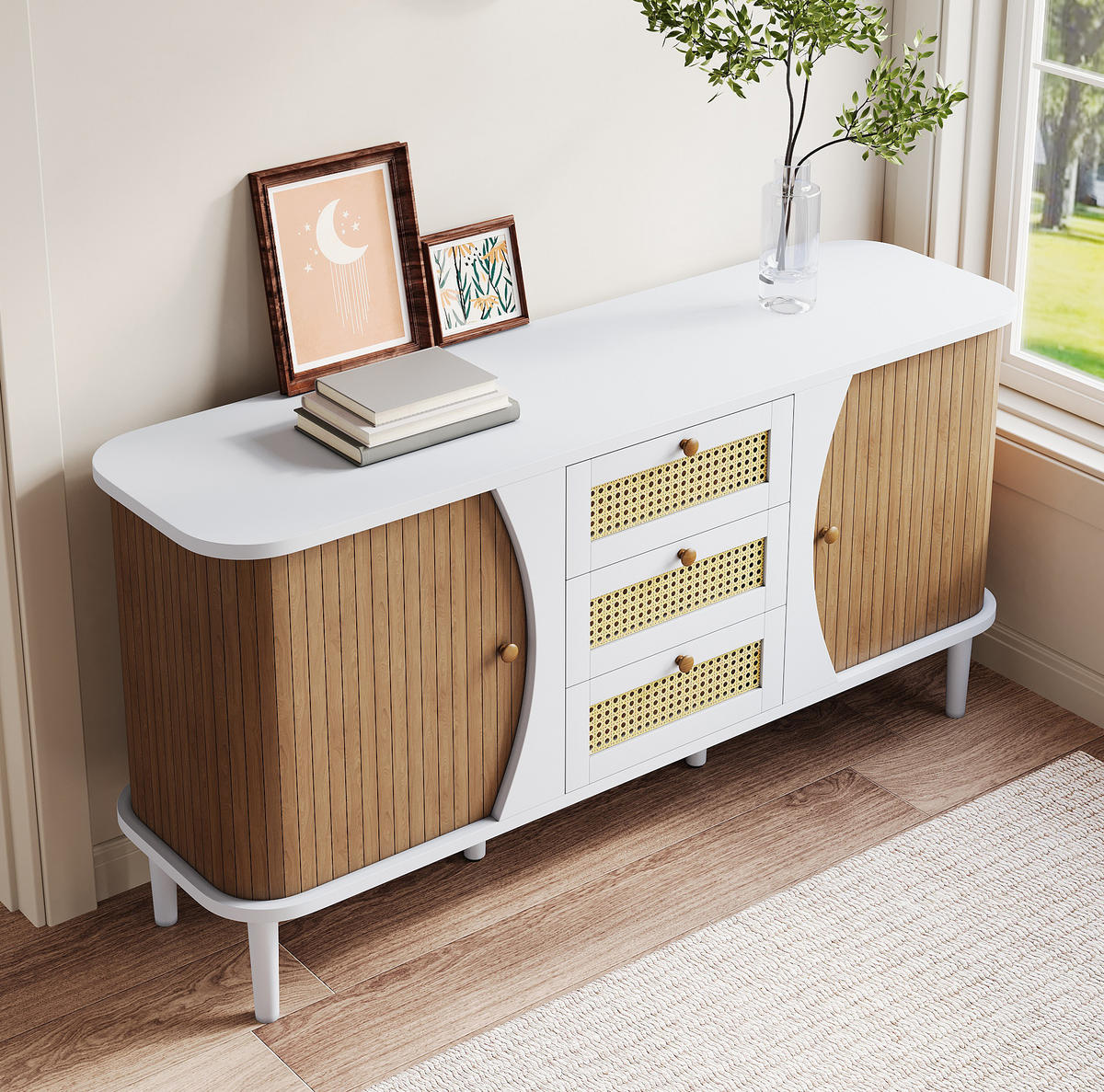 SIDEBOARD 140,5/40/76 cm in Weiß mit Rattan-Schubladen und verstellbaren Böden - Weiß, Holzwerkstoff (140.5/76/40cm) - Flora Grace