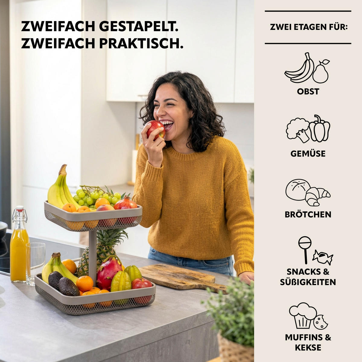 OBSTETAGERE eckig, 2-stöckig, 20 x 20 cm und 30 x 30 cm, taupe, Metall - Taupe, Metall (31cm) - eluno