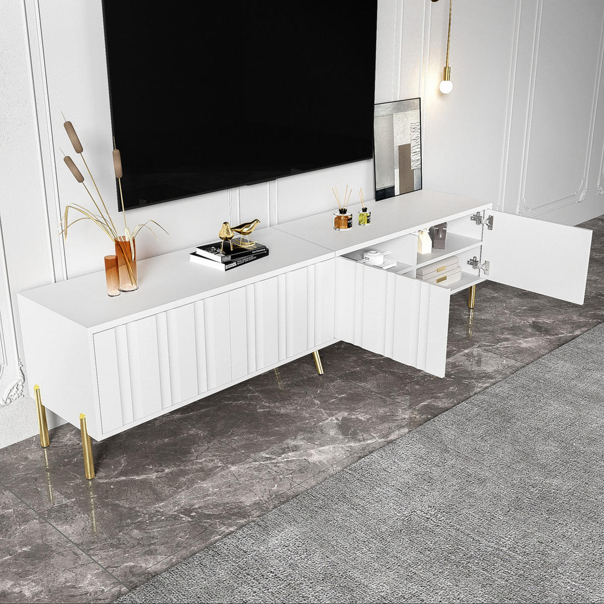 TV-SCHRANK 190x38cm Weiß mit goldenen Tischbeinen Rillen-Design - Weiß, Holz (46/27/60cm) - FLIEKS