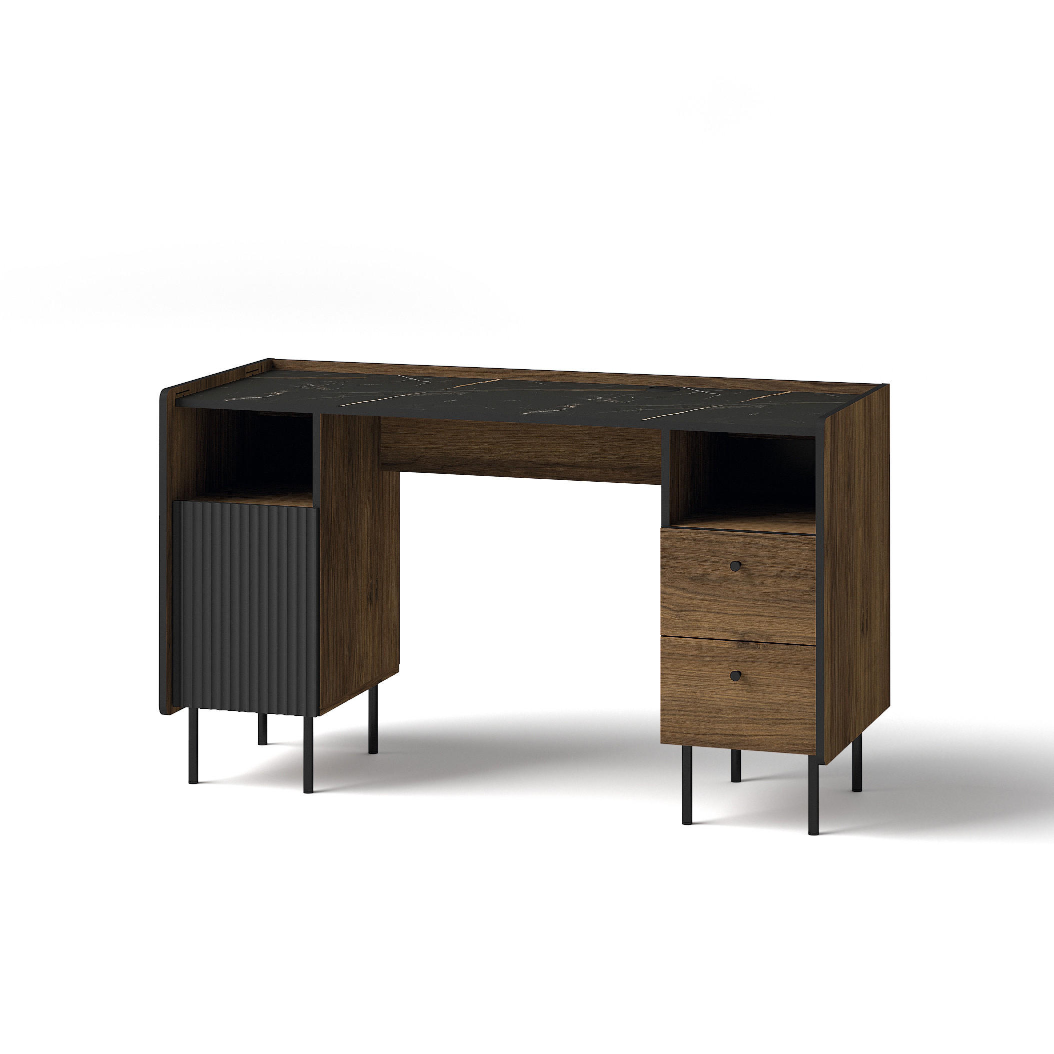 SCHREIBTISCH Piano mit 1 Tür und 2 Schubladen, Mattschwarz + Warmia-Nussbaum - Dunkelbraun/Schwarz, Holzwerkstoff (55/135/79cm) - Beautysofa