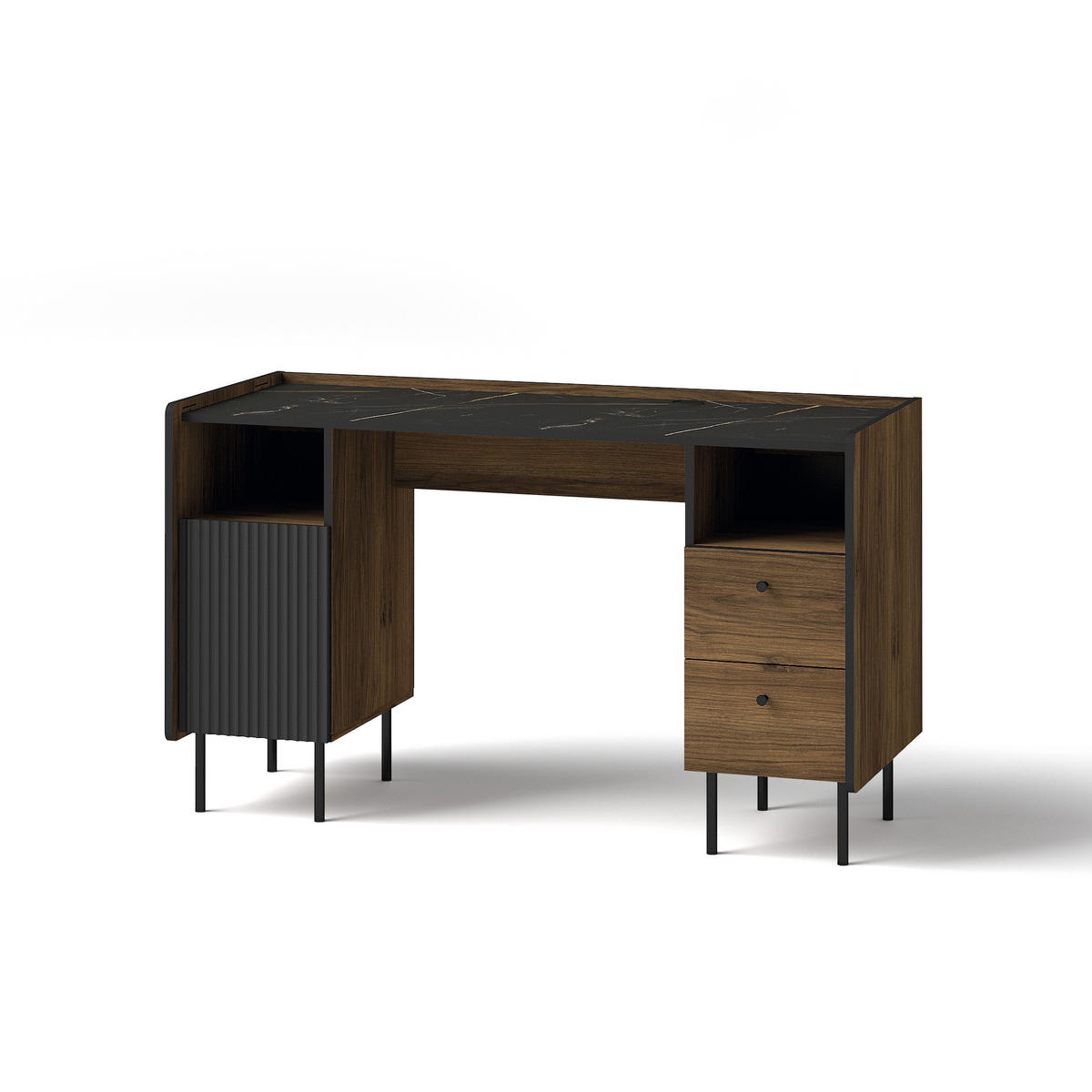 SCHREIBTISCH Piano mit 1 Tür und 2 Schubladen, Mattschwarz + Warmia-Nussbaum - Dunkelbraun/Schwarz, Holzwerkstoff (55/135/79cm) - Beautysofa