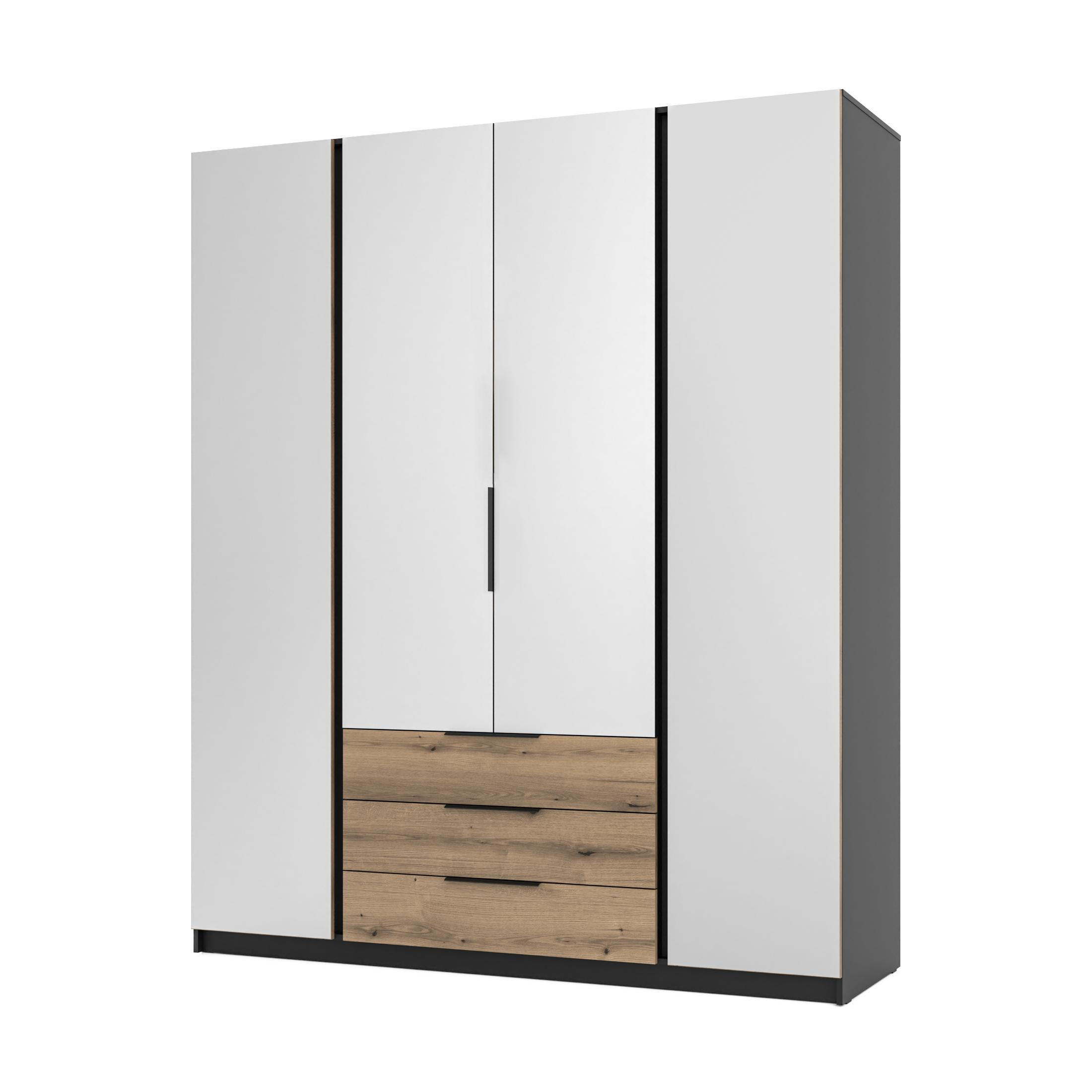 KLEIDERSCHRANK Nehir Schwarz/Eiche Evoke 200 cm - 4T3S Modern mit Schubladen und 4 Spiegeln - Eichefarben/Schwarz, Holzwerkstoff/Kunststoff (200/239/61.9cm) - AX Living