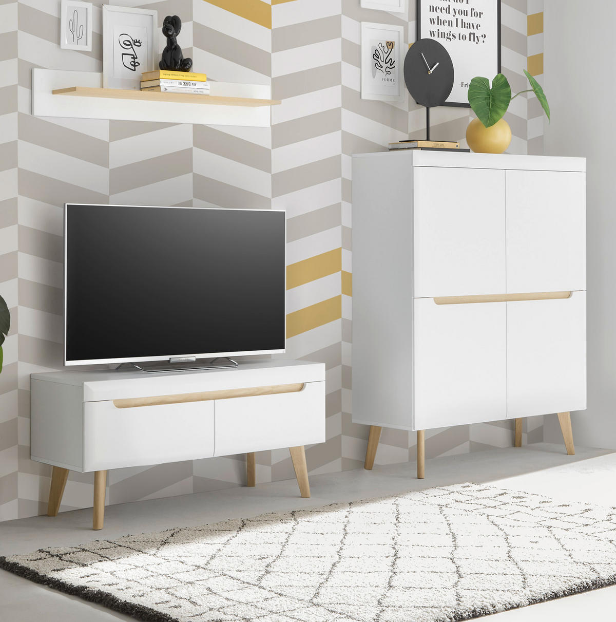 WOHNWAND 3-teilig weiß matt, Eiche, skandinavisch 234 cm, Wohnkombination mit Soft-Close - Eichefarben/Weiß, Eichenholz/Holz (234/170/40cm) - Furn.Design